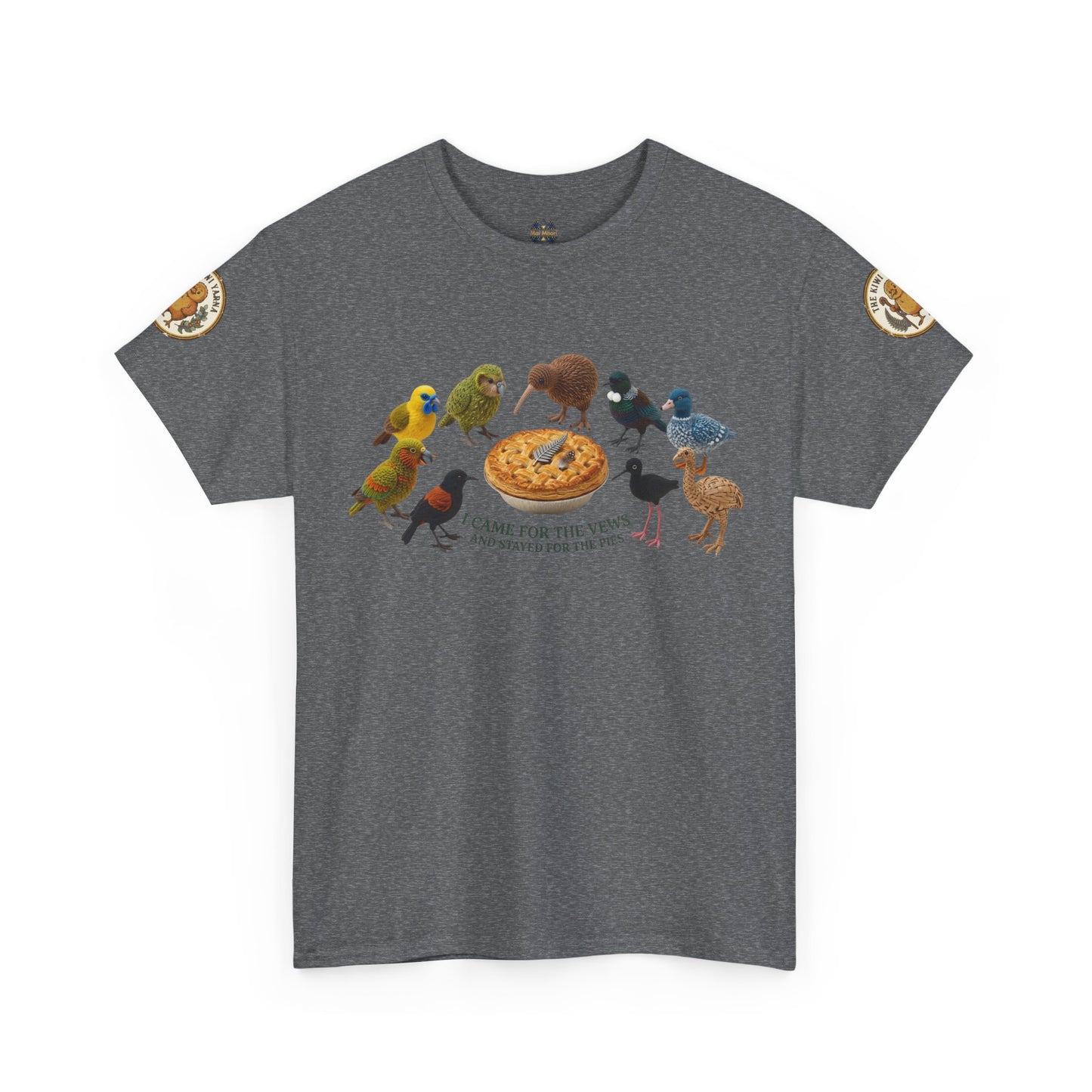 Medium gray graphic T-shirt with birds-and-pizza print and round sleeve patches