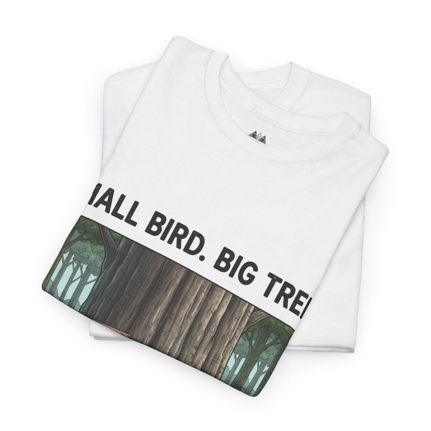 White T-shirt with slanted forest graphic and bold headline lettering
