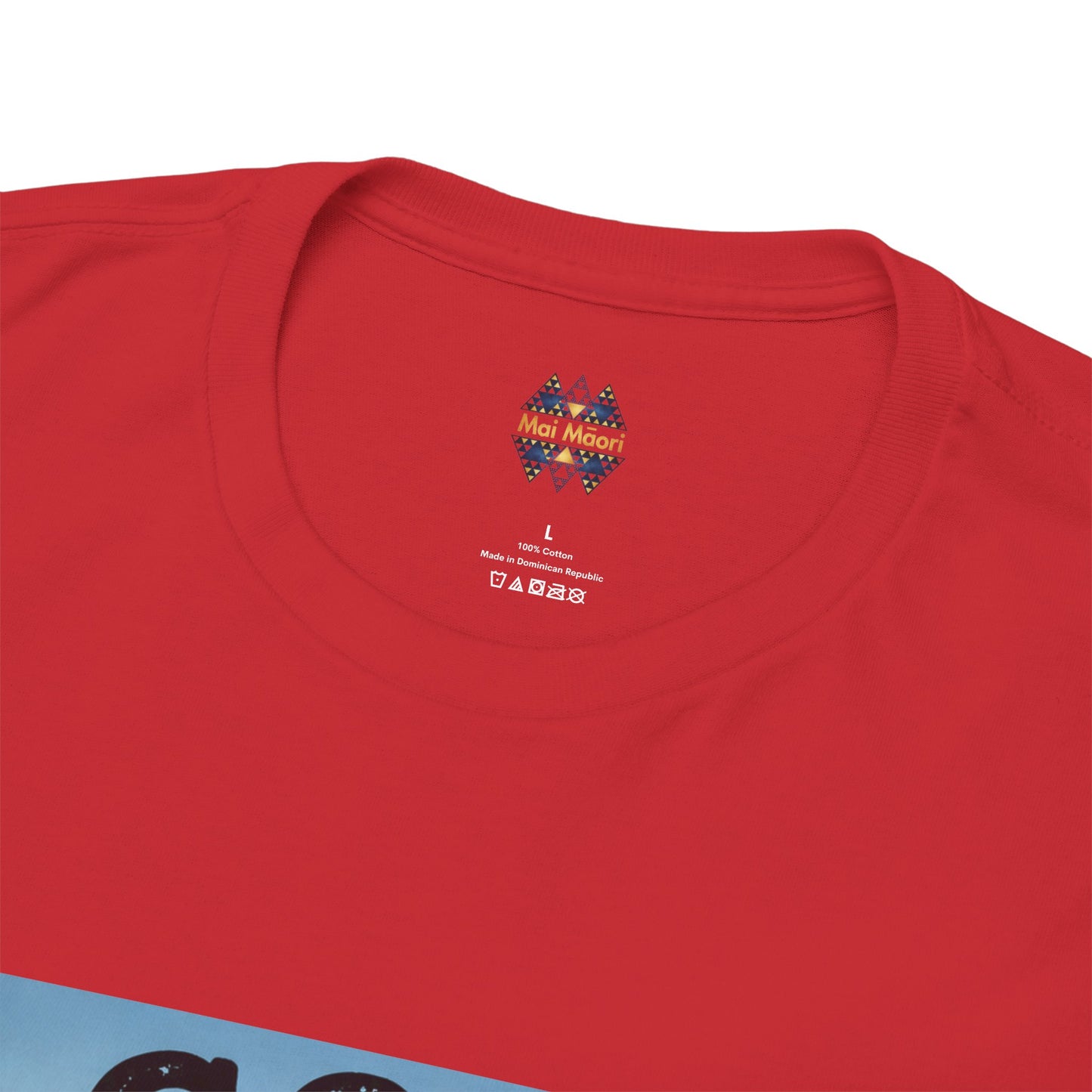 Red crew-neck T-shirt with small chest logo; neckline and shoulder seam detail.