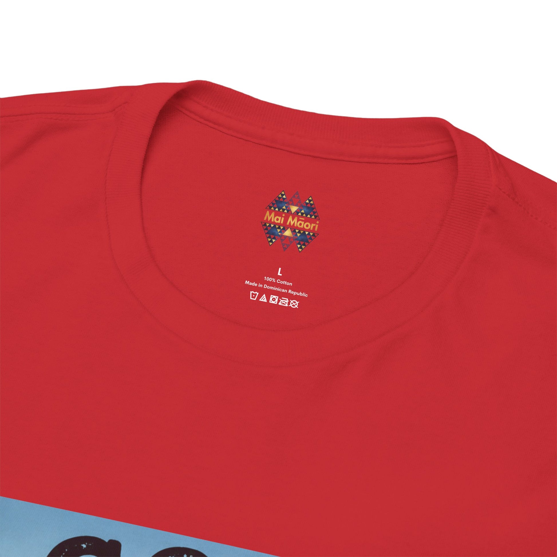 Red crew-neck T-shirt with small chest logo; neckline and shoulder seam detail.