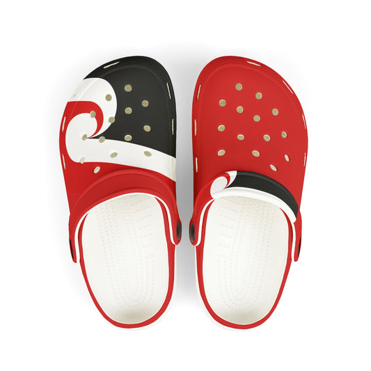 Pair of red and black clogs with white trim, perforated uppers, and thick soles
