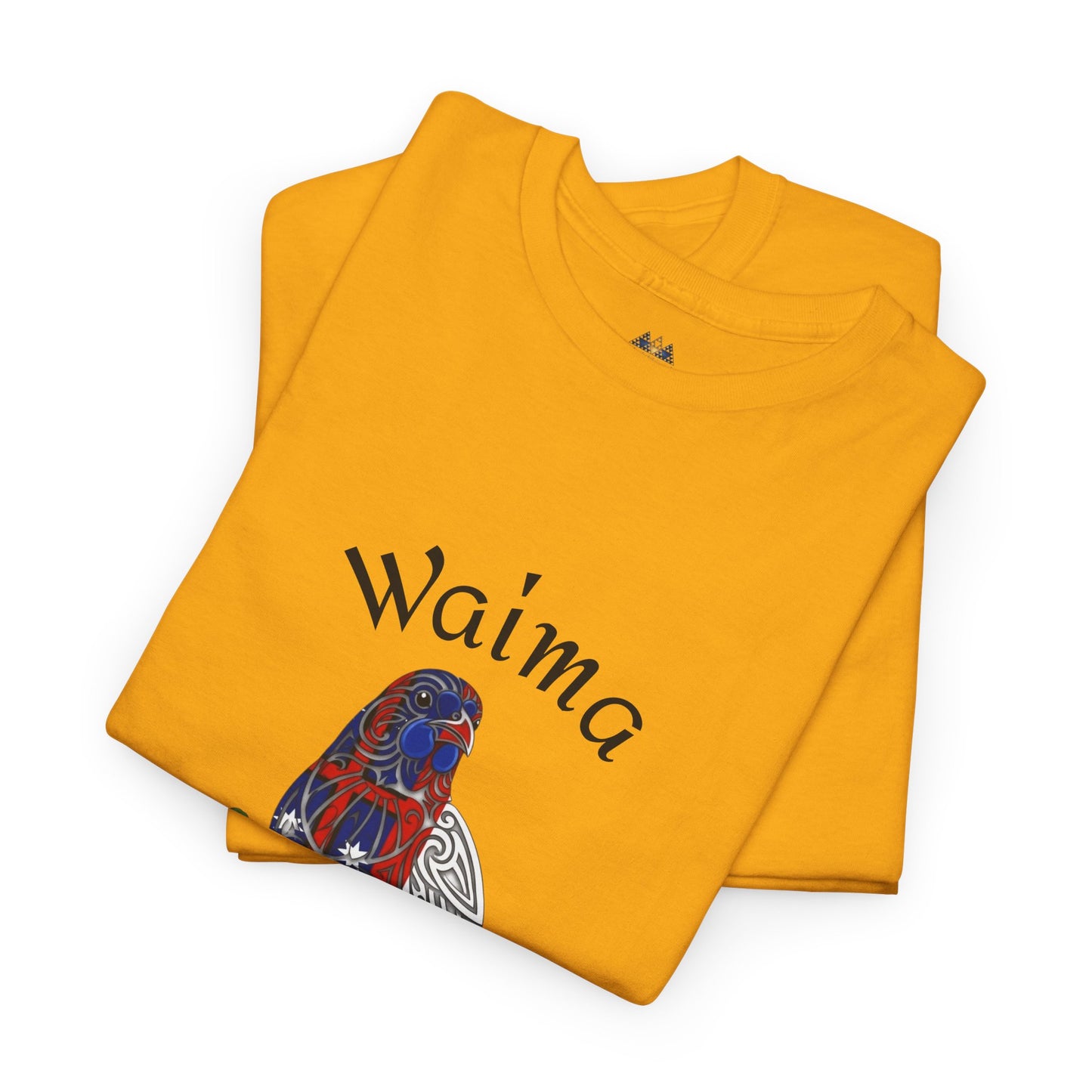Orange graphic T-shirt with bird and leafy print on front
