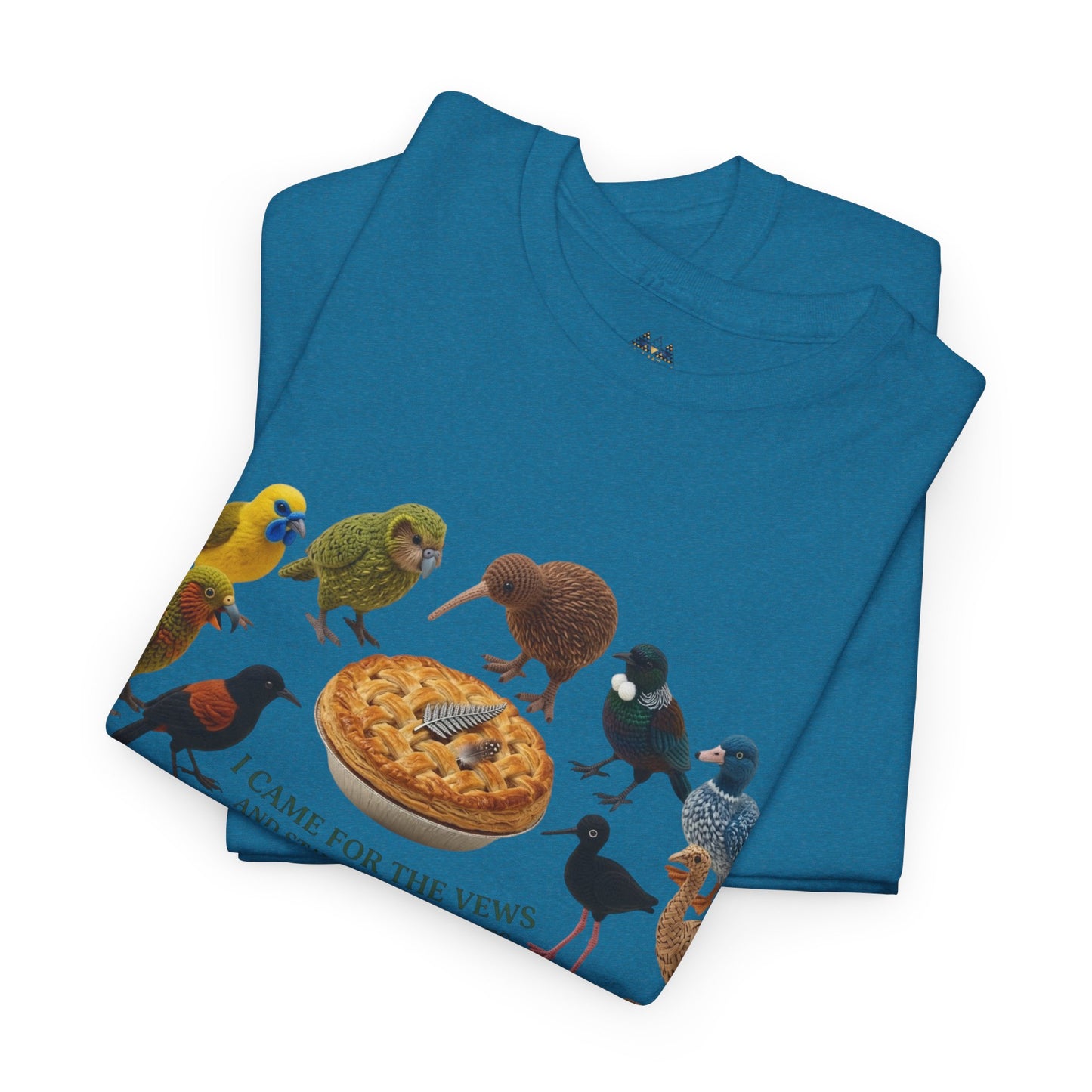 Blue graphic T-shirt with birds and pizza illustration on the front