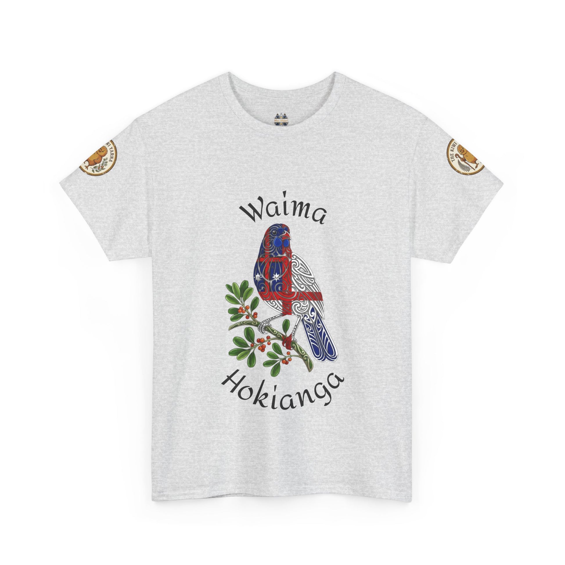 Light grey T-shirt with blue bird graphic, text, and small circular logo patches on sleeves