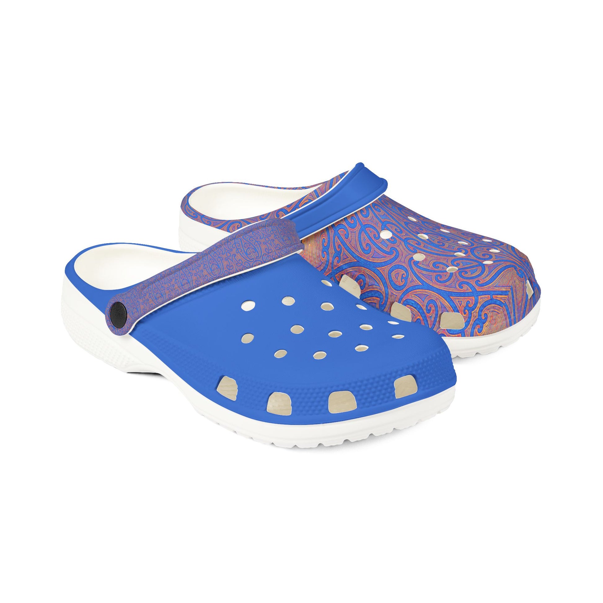 Māpouriki slip-on clogs, blue and patterned uppers with perforations and white soles