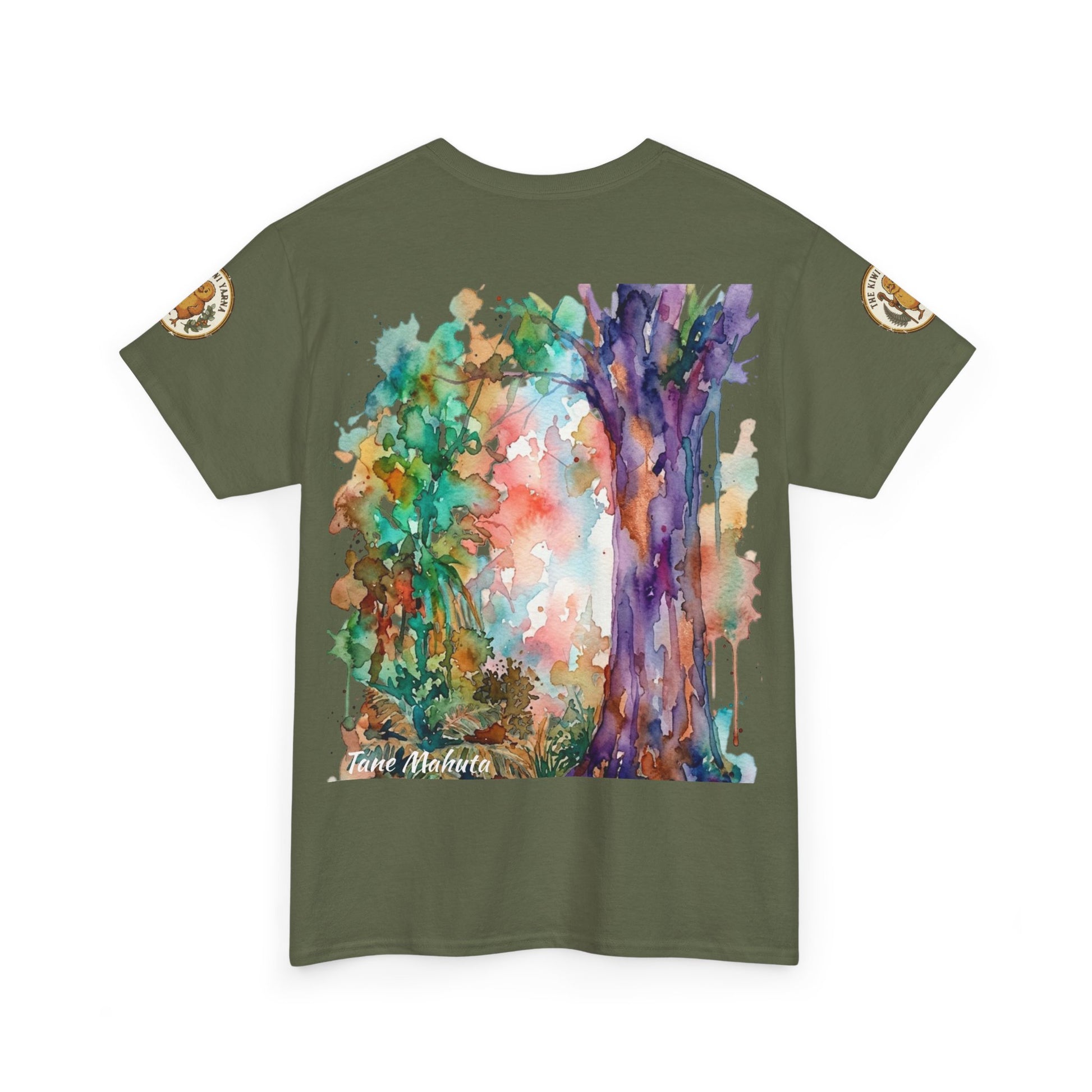 Olive graphic T-shirt with colorful watercolor tree scene print and small script at bottom