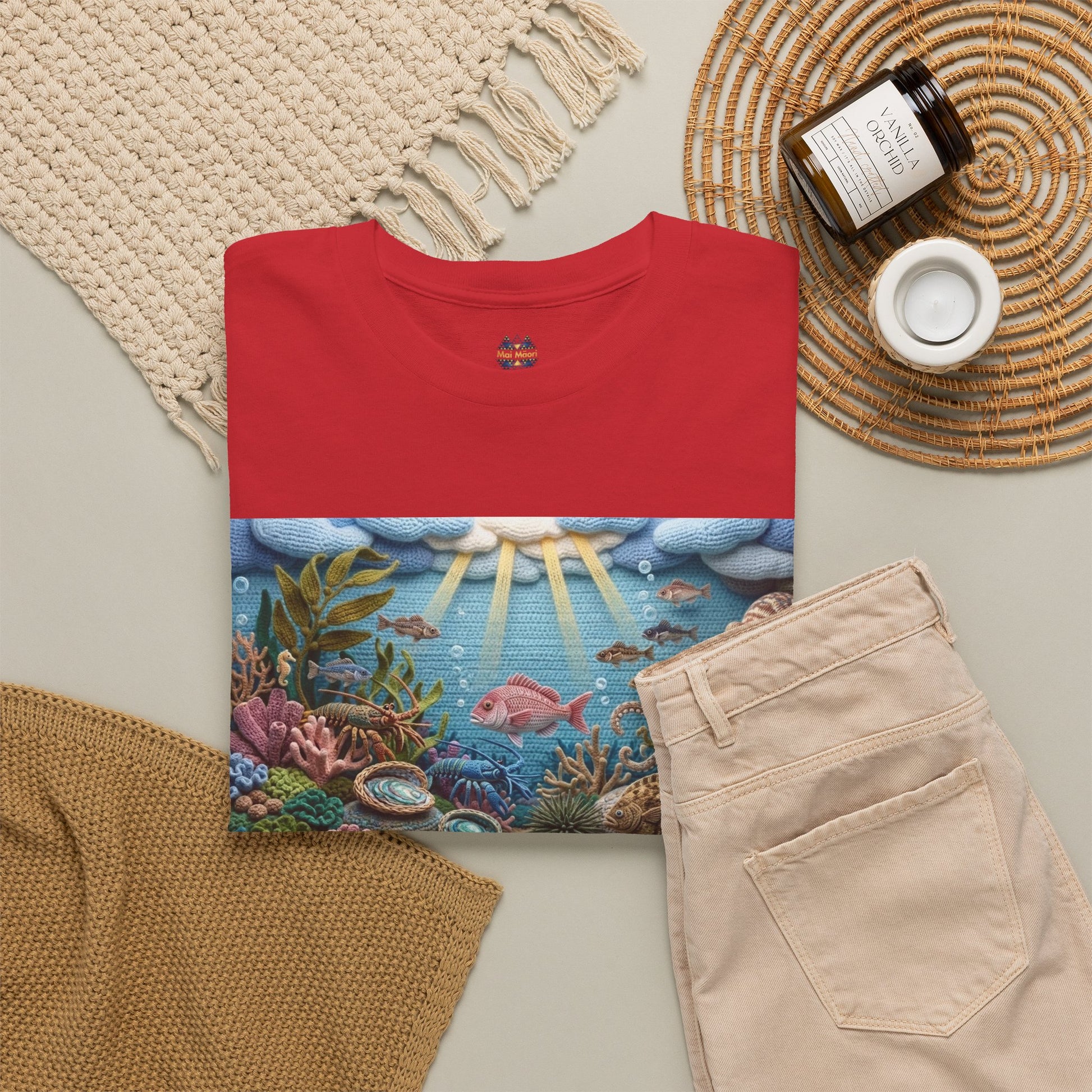 Red crewneck T-shirt with ocean scene graphic panel and small chest emblem