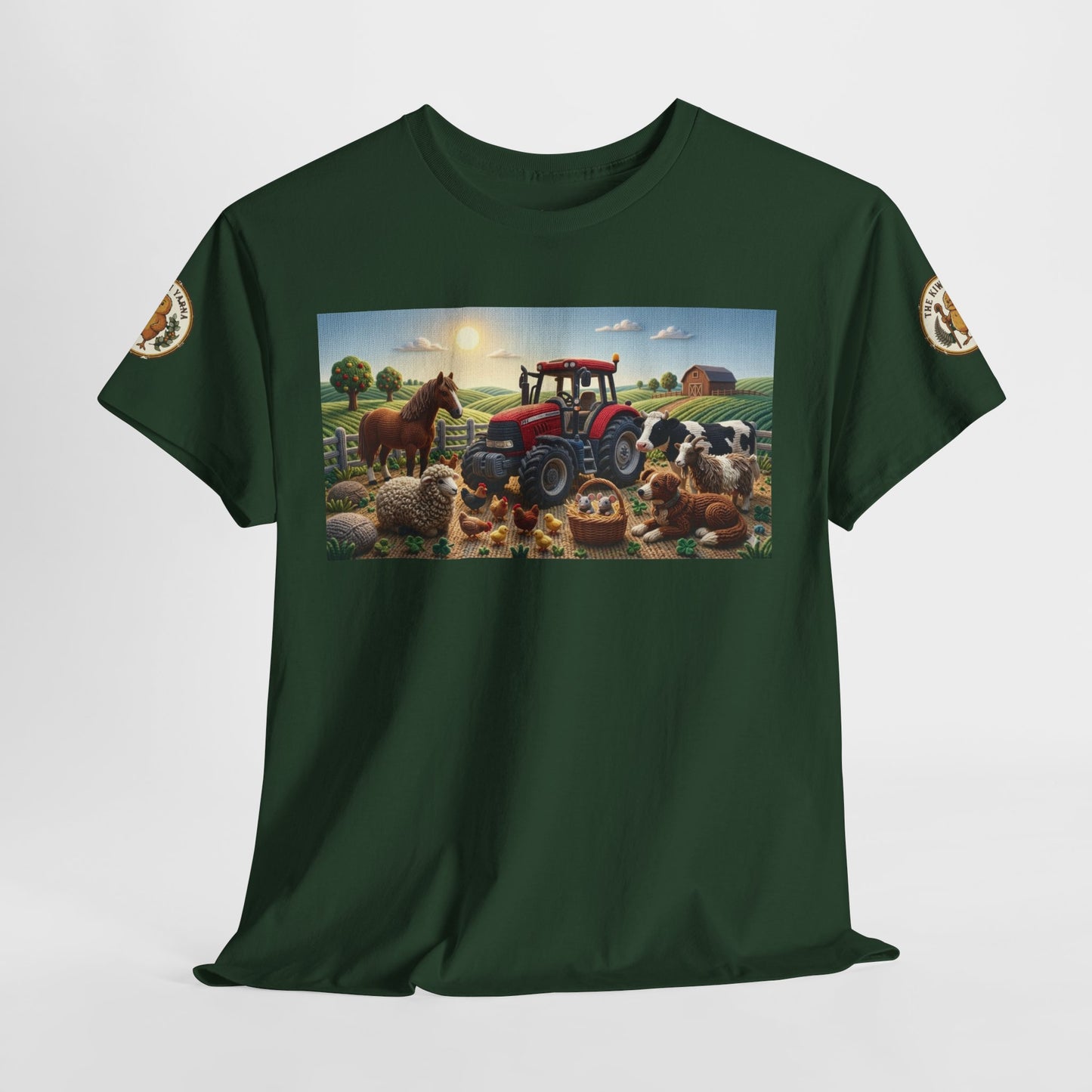 Forest green crewneck T-shirt with farm tractor and animals graphic; sleeve logo patches