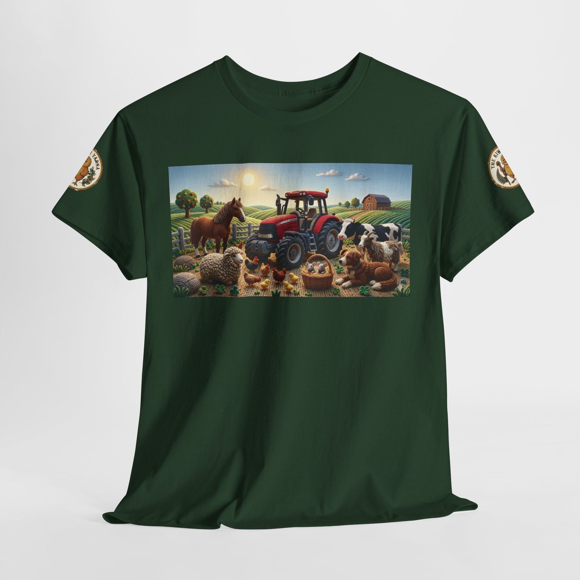Forest green crewneck T-shirt with farm tractor and animals graphic; sleeve logo patches