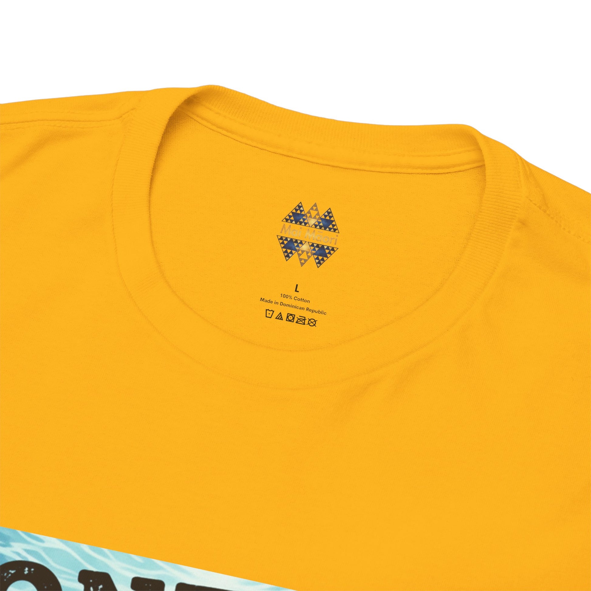 Yellow kids T-shirt close-up: crew neck and small chest logo