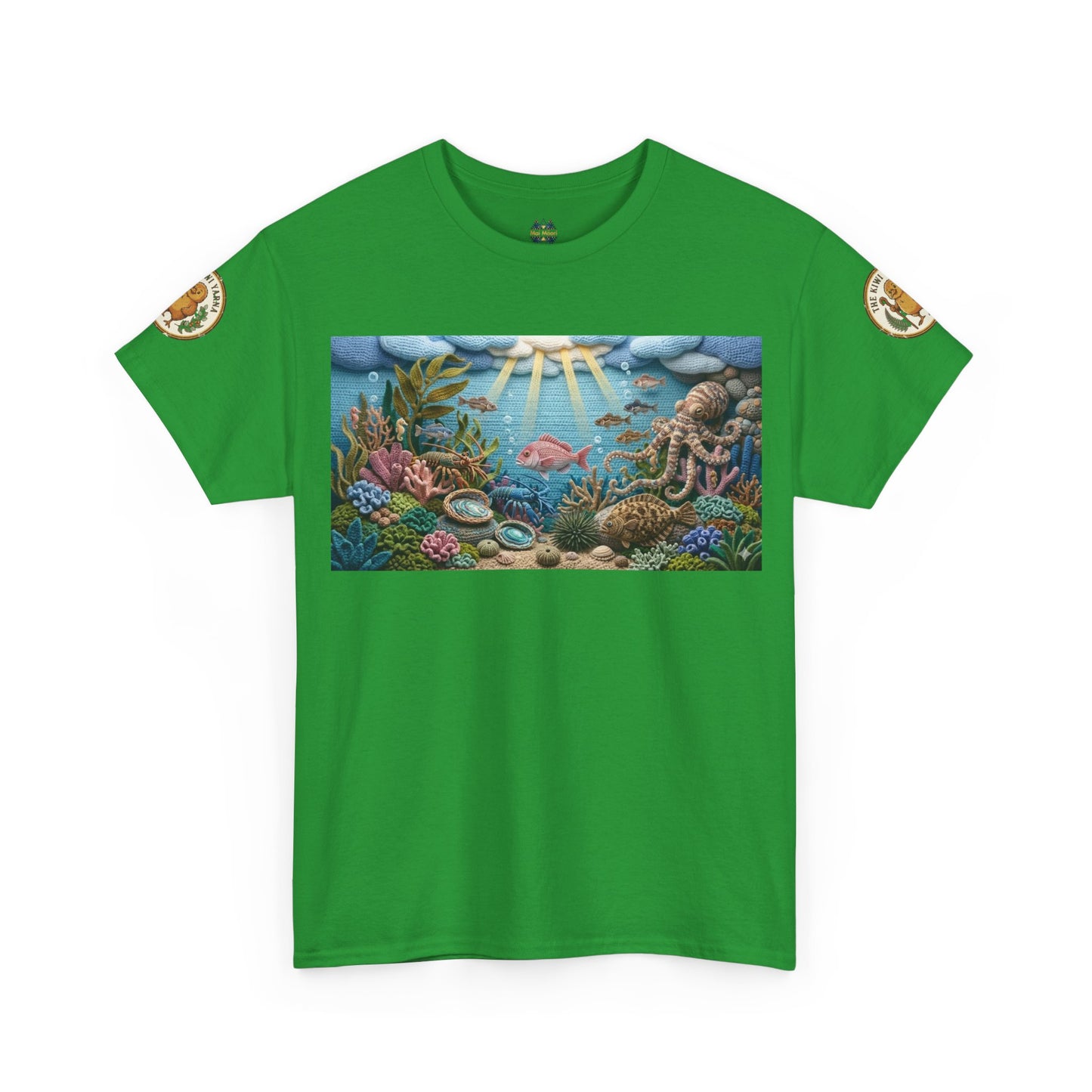 Green T-shirt with sea scene graphic and circular shoulder patches