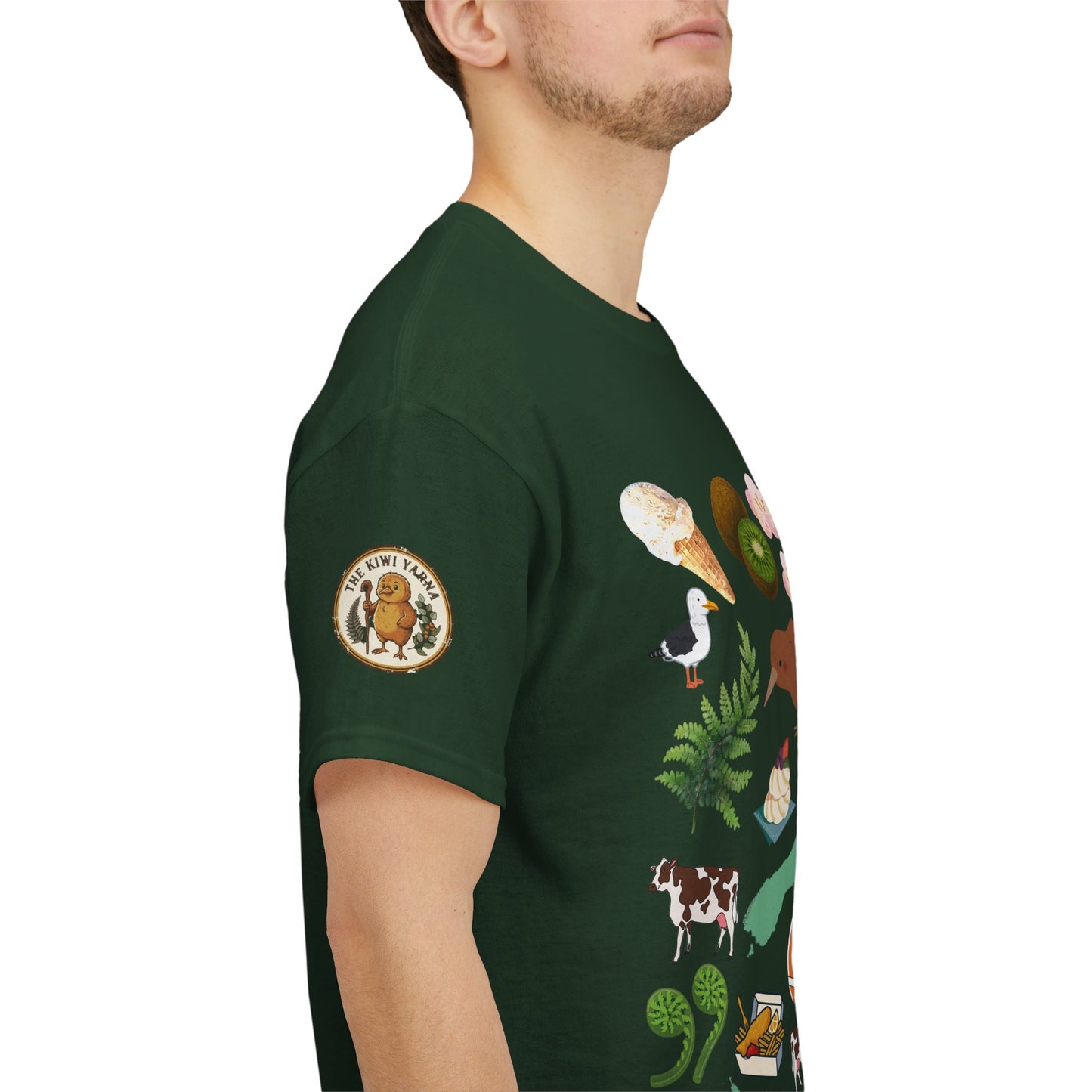 Dark green T-shirt with printed sleeve art and small chest emblem