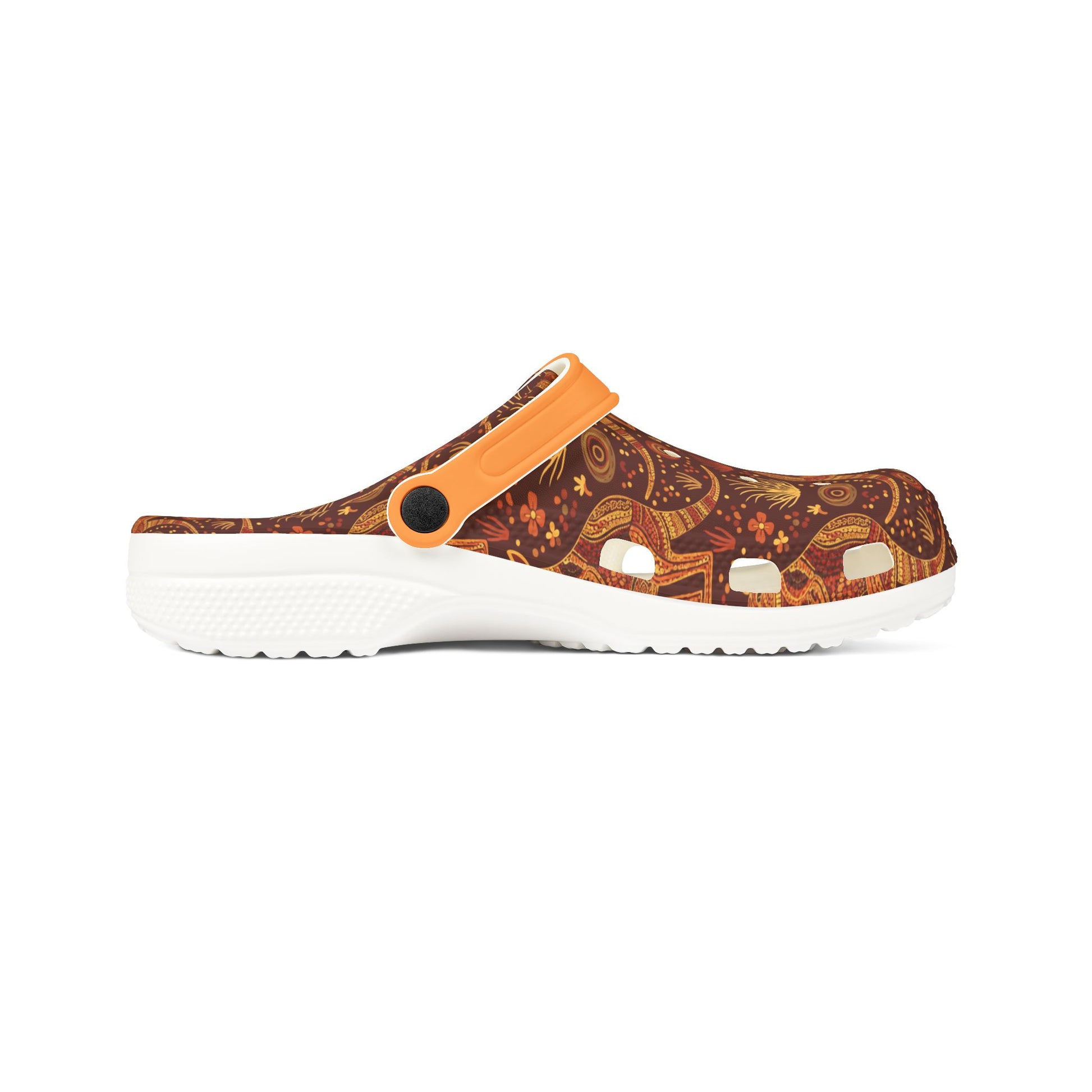 Slip-on clog with patterned brown upper, orange strap, white platform sole