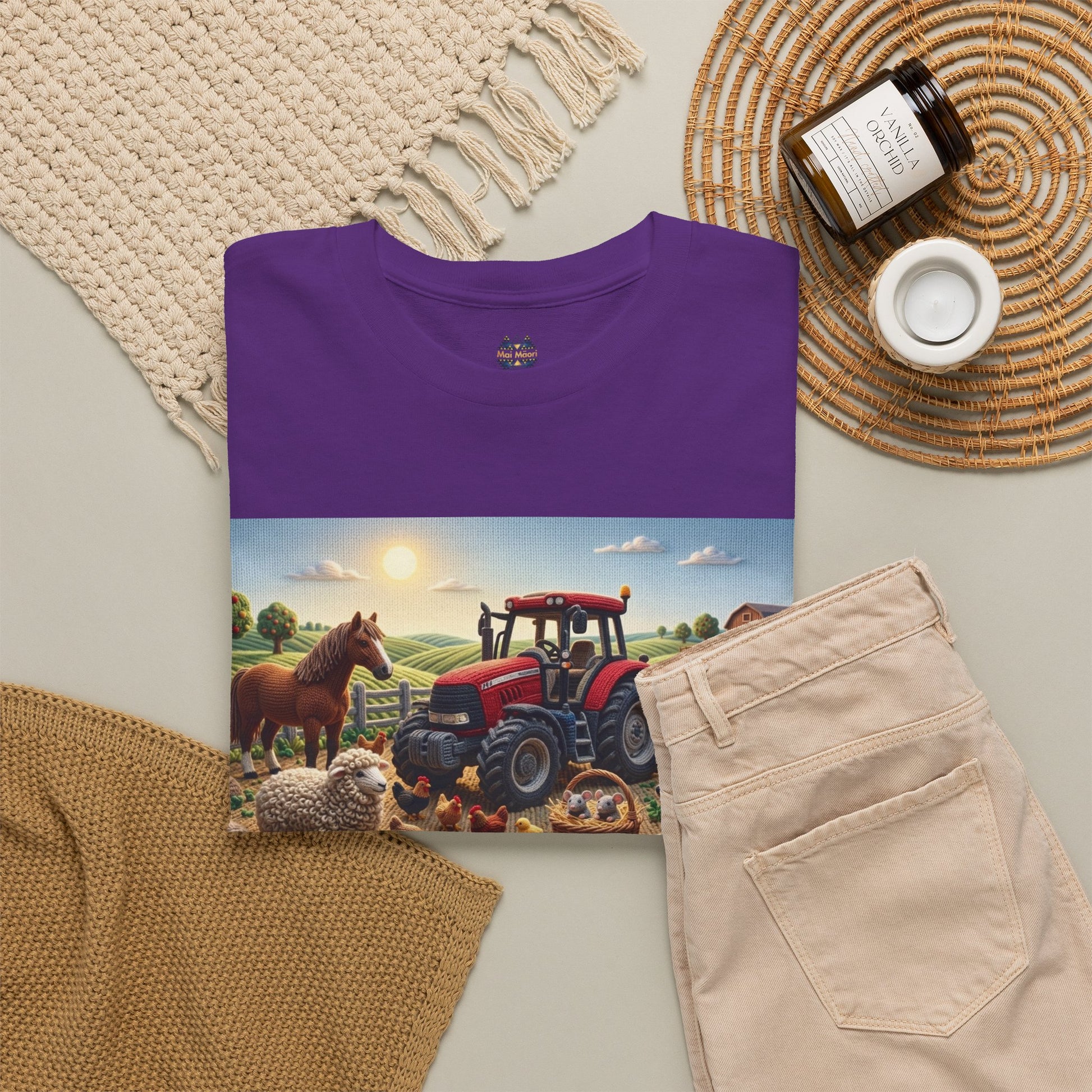 Purple kids T-shirt with farm tractor and animals front graphic; round neckline.
