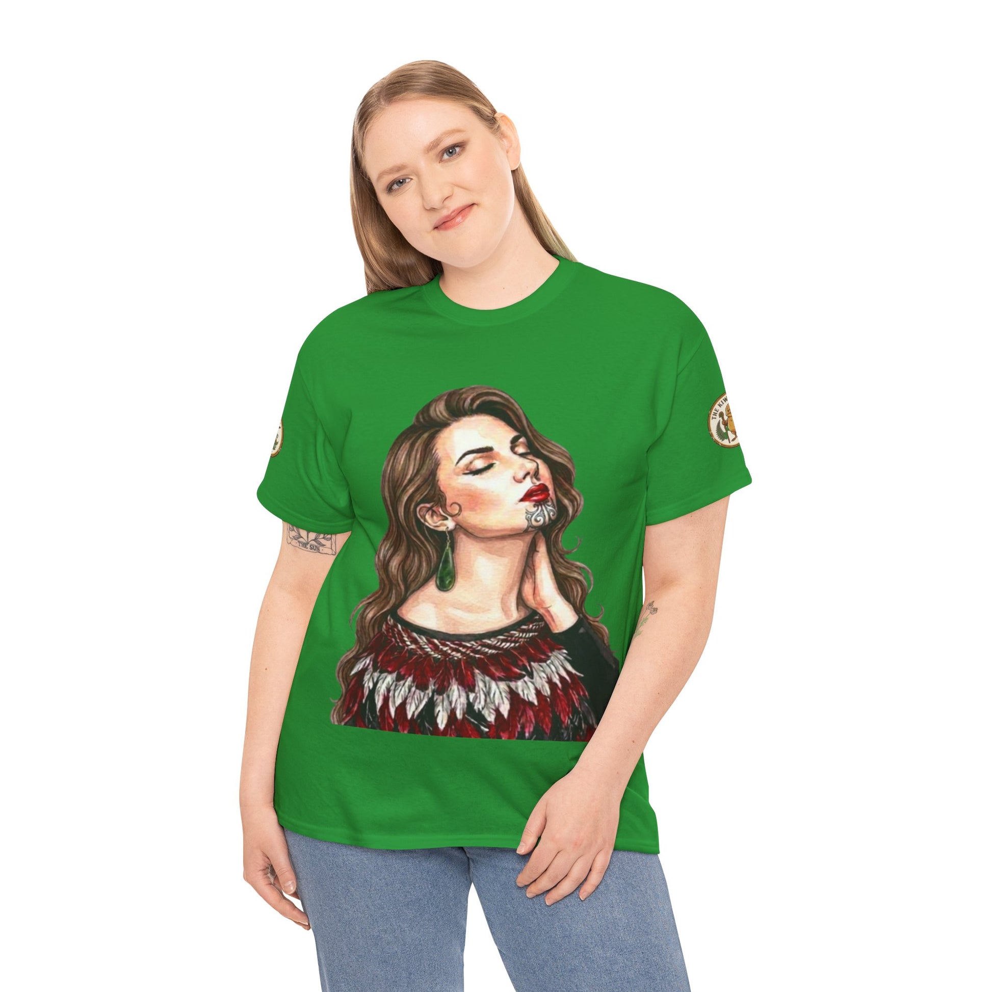 Green crew-neck graphic T-shirt with woman portrait print, short sleeves, and small shoulder logo