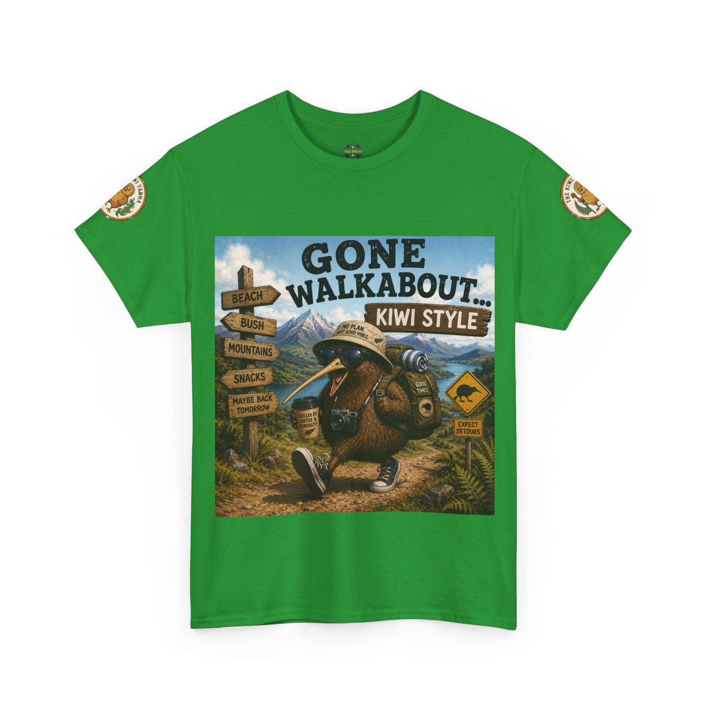 Bright green crew-neck T-shirt with large kiwi adventure graphic on the front