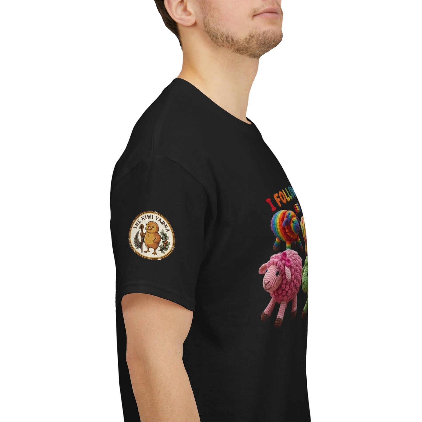 Black T-shirt with gold sleeve patch and colorful sheep graphic