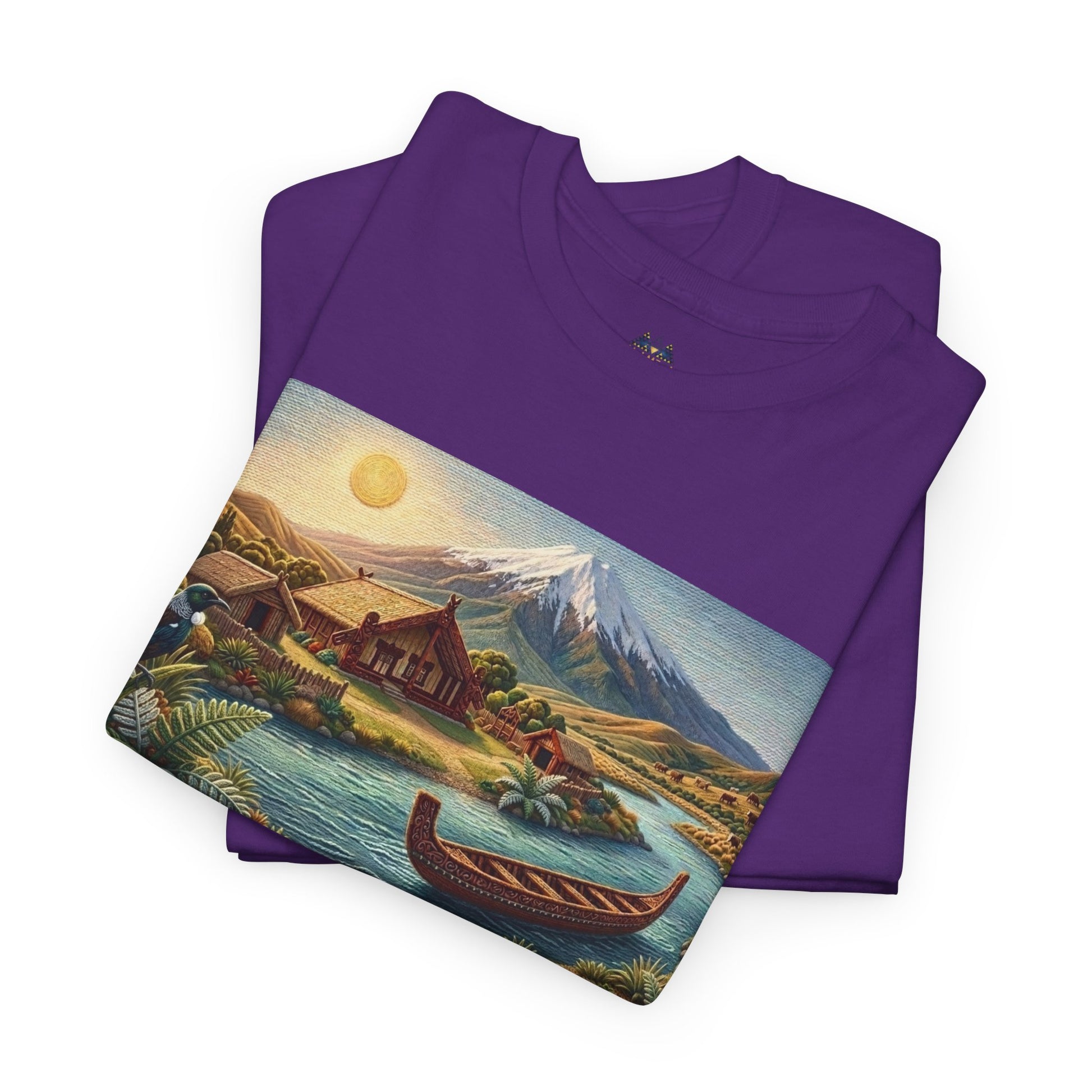 Purple crew-neck T-shirt with angled front panel graphic featuring canoe and mountain scene