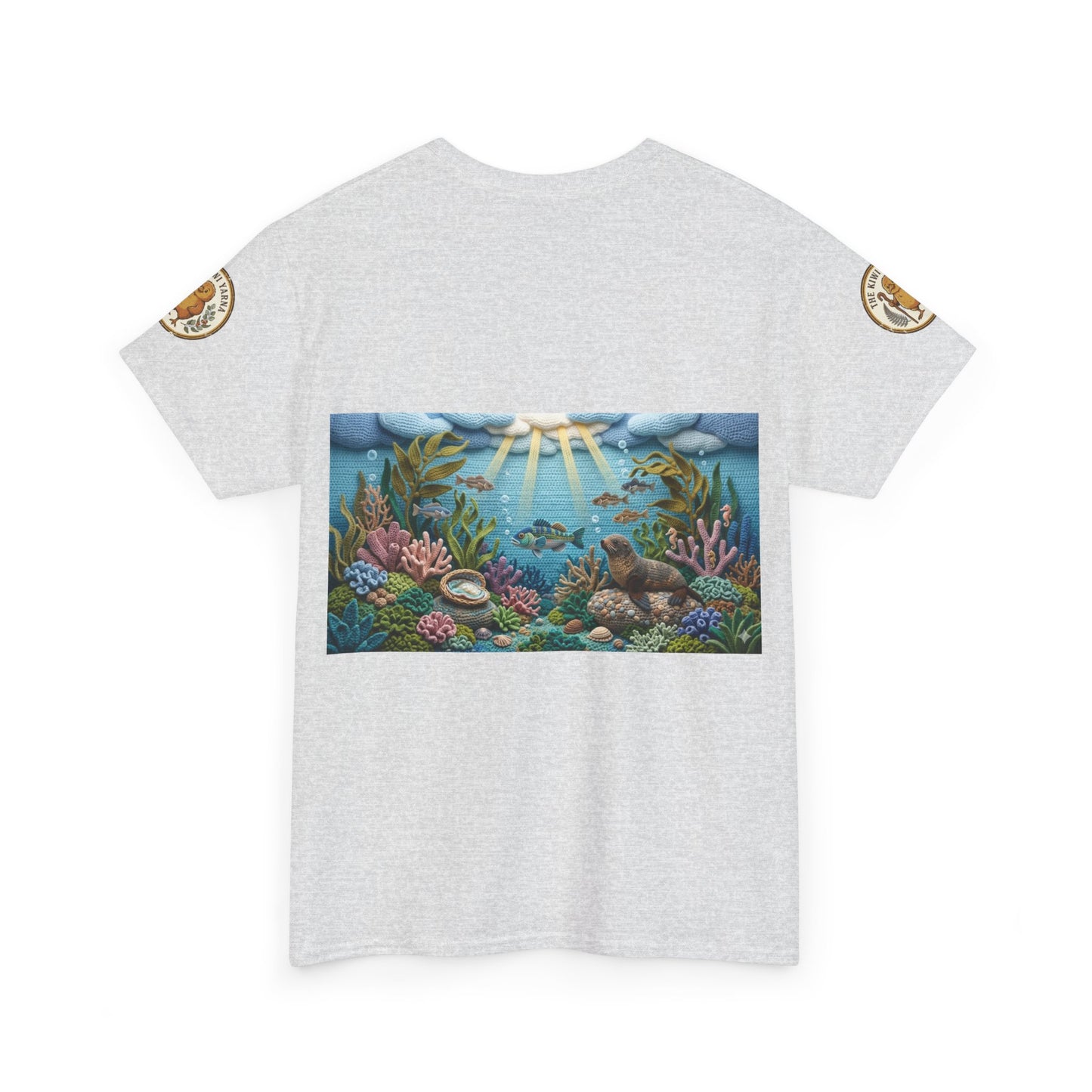 Light gray crewneck T-shirt with rectangular ocean scene print and small sleeve logo patches