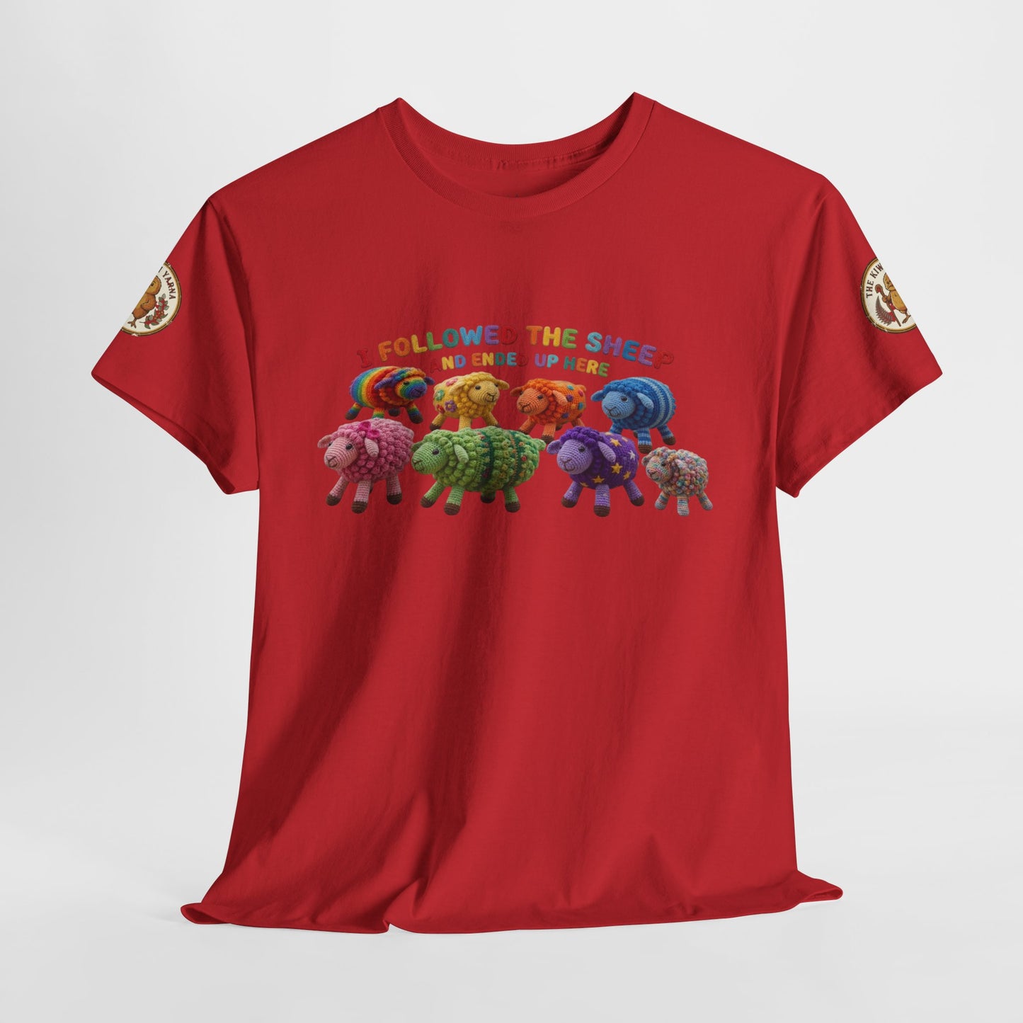 Red crewneck T-shirt with 'FOLLOW THE SHEEP' sheep herd graphic