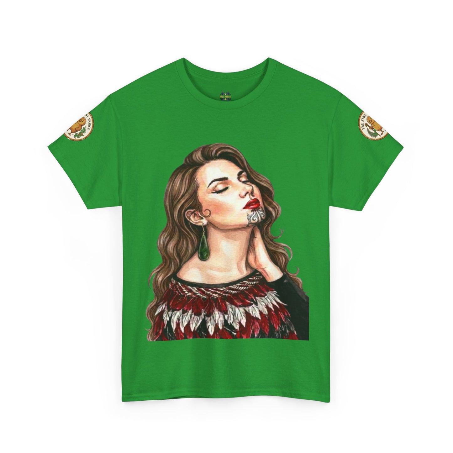 Green graphic portrait T-shirt with short sleeves and decorative sleeve patches