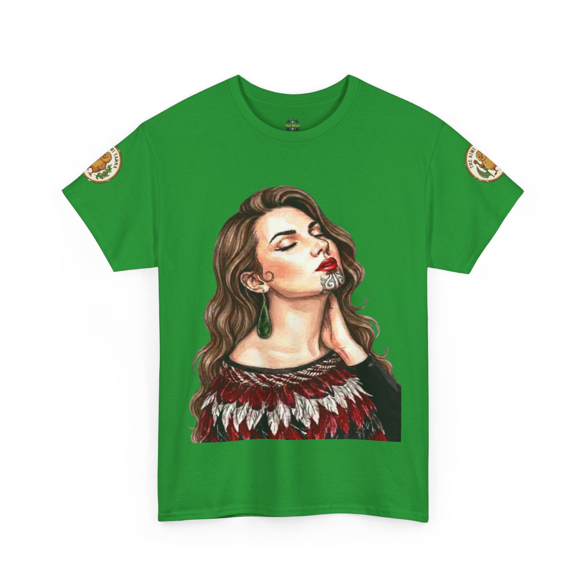Green graphic portrait T-shirt with short sleeves and decorative sleeve patches