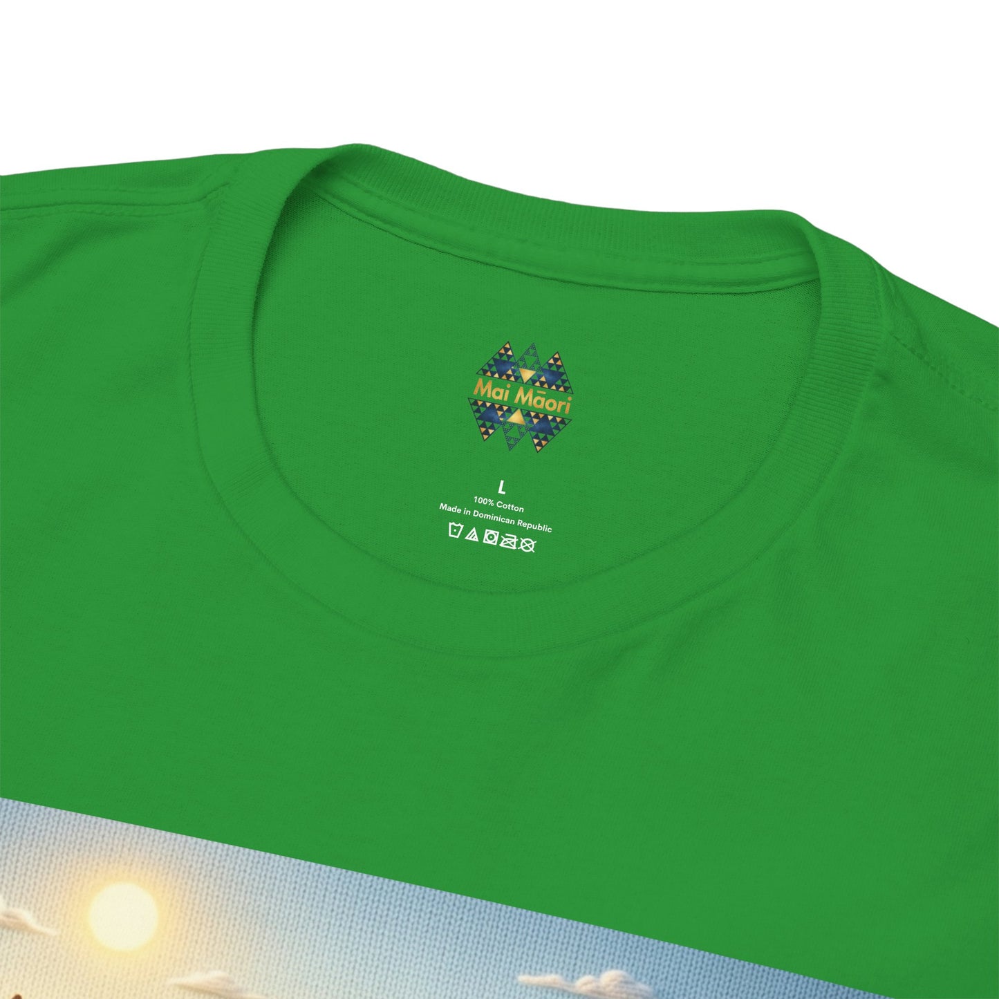 Green T-shirt back close-up with 'Mai Moa' logo at crew neck
