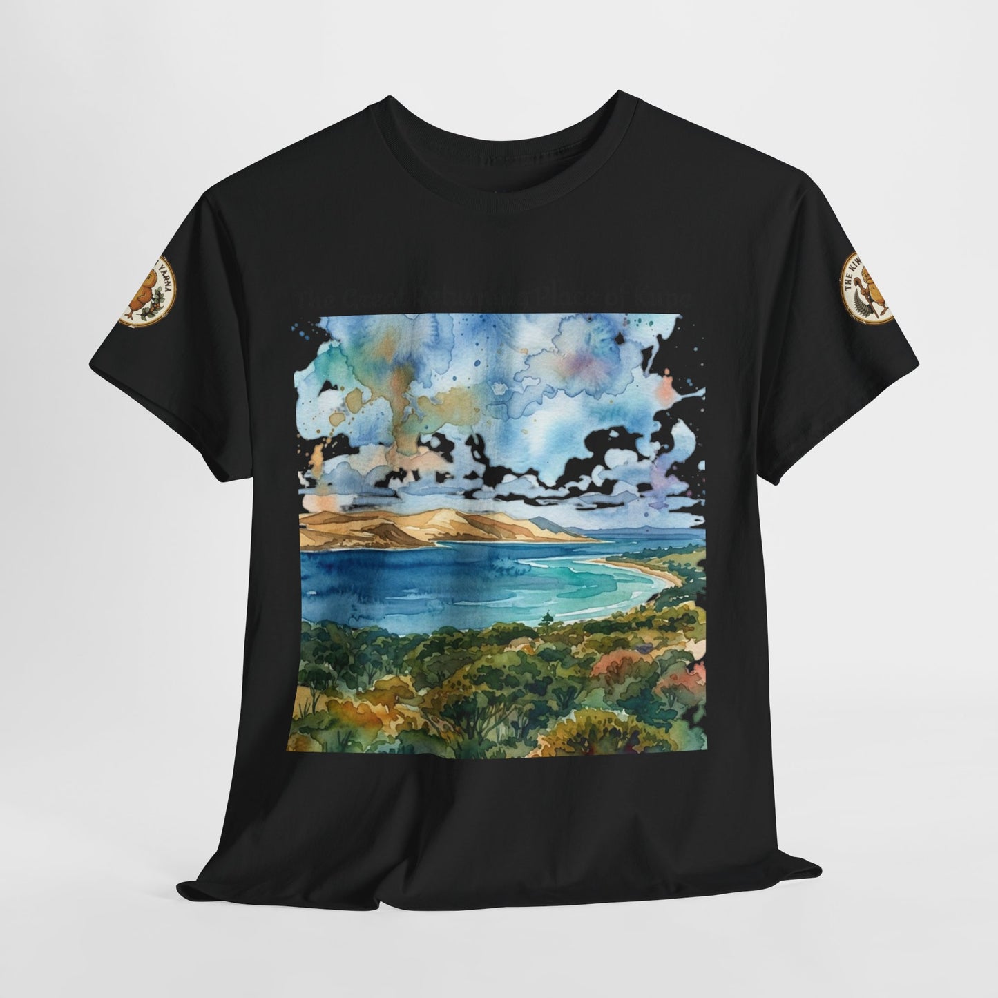 Black crew-neck T-shirt with large watercolor seaside graphic and gold badge sleeves