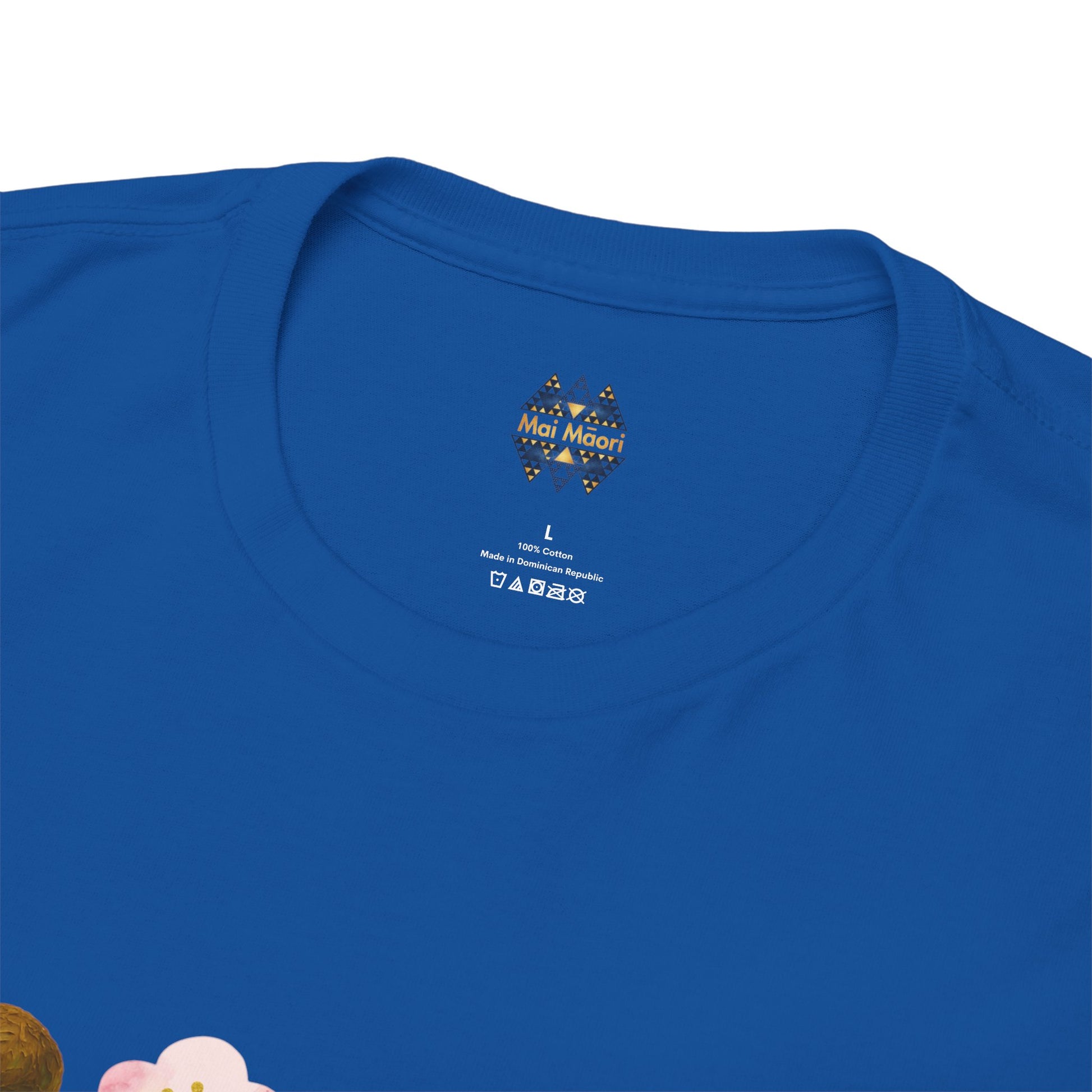 Kiwiana T-shirt close-up in antique sapphire blue: crew neck with small chest logo