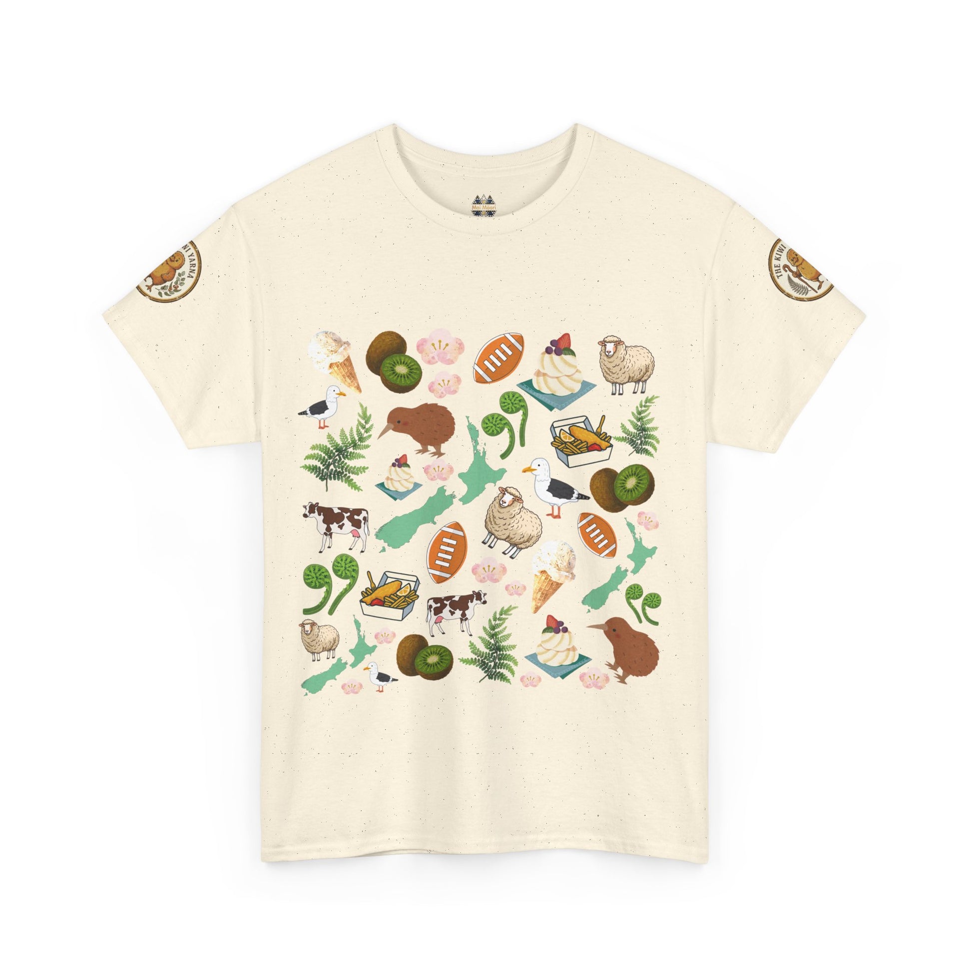 Light beige Kiwiana graphic T-shirt, crewneck, short sleeves, colorful bird and flora print