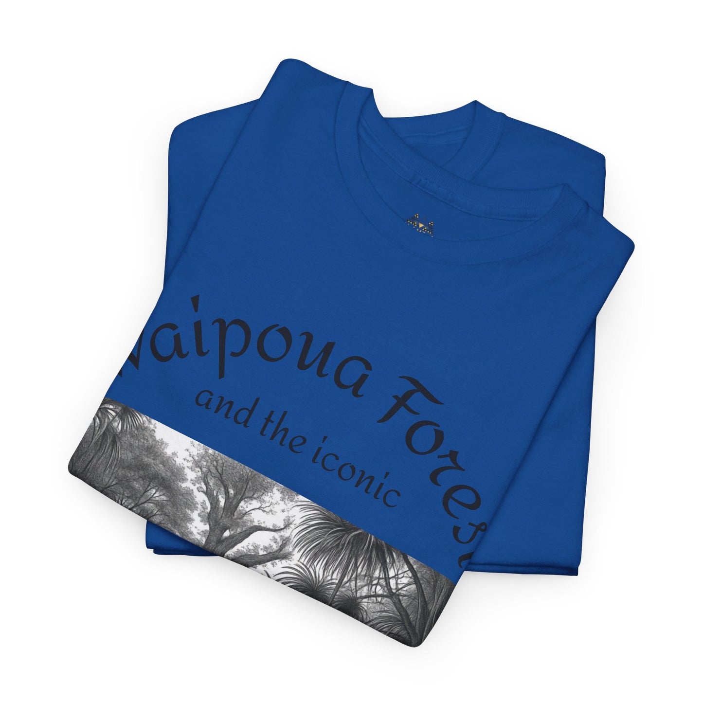 Blue graphic crewneck T-shirt stacked view with monochrome forest panel print