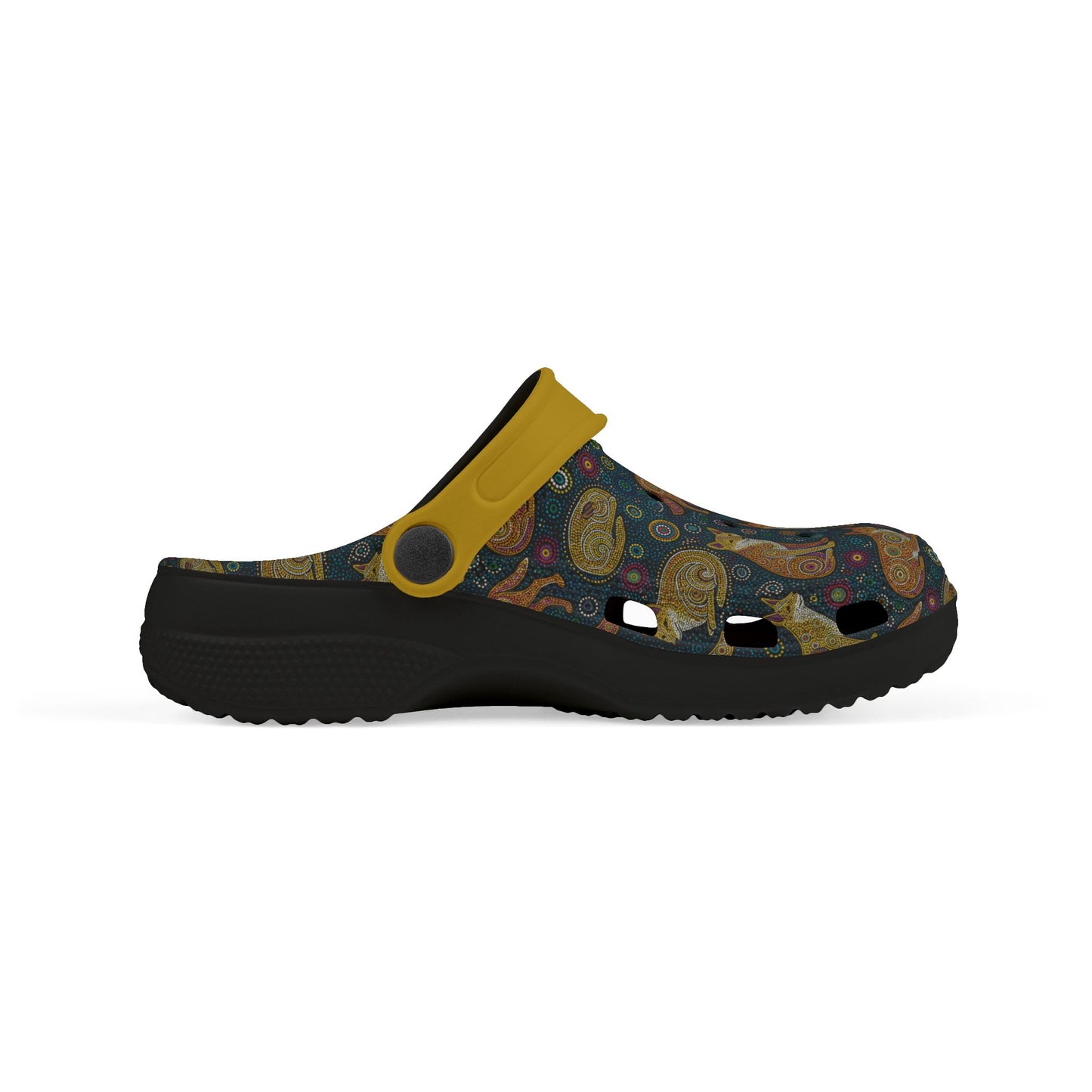 Aboriginal art casual clog shoe, dark patterned upper with yellow strap, black outsole