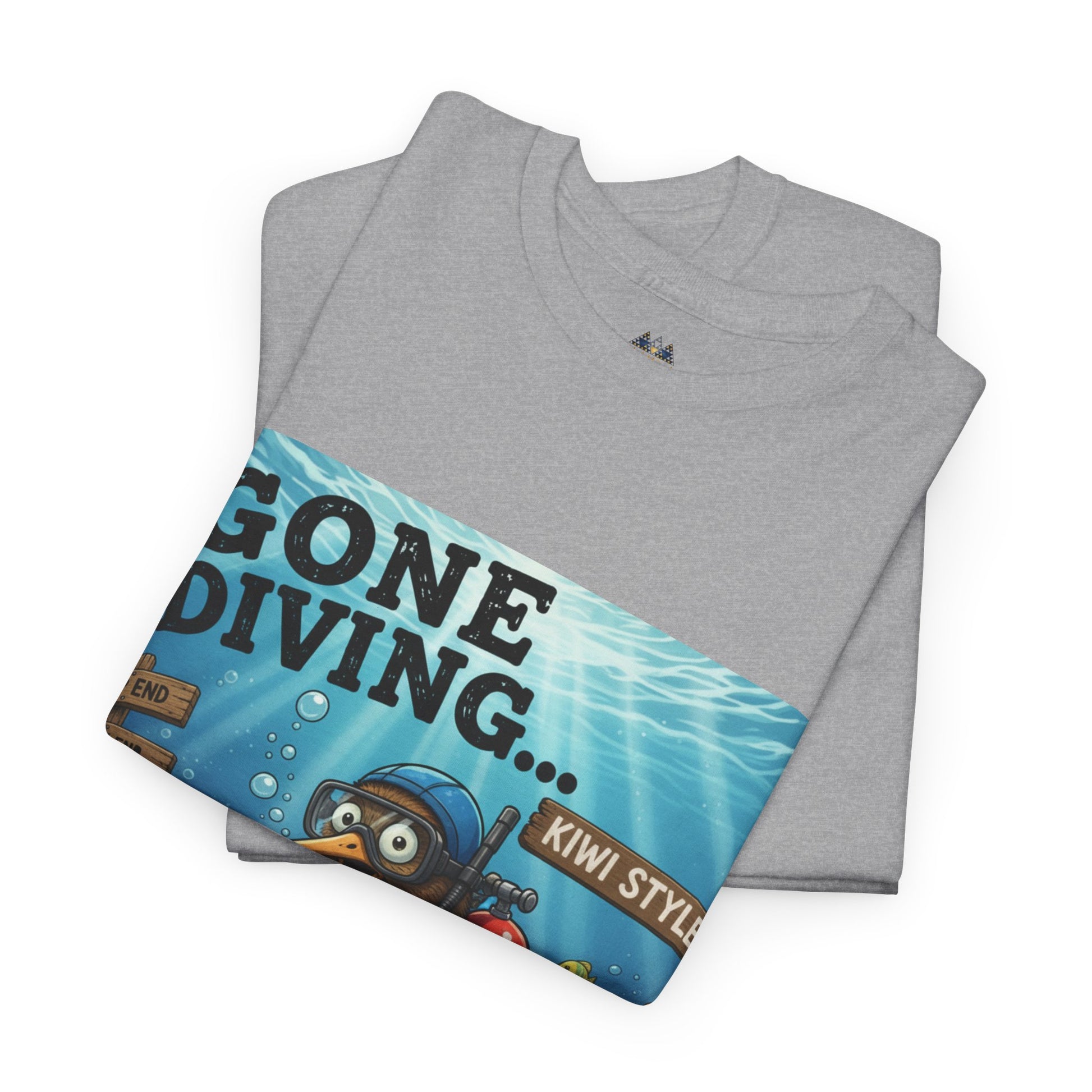 Gray crewneck T-shirt stack showing partial underwater diver graphic print