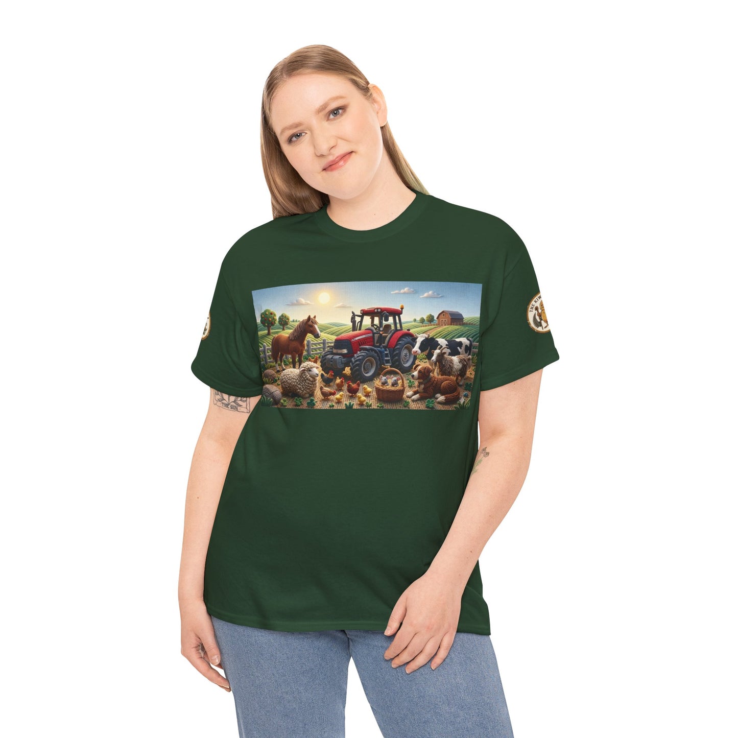 Forest green crewneck T-shirt with farm tractor and animals graphic, worn by model