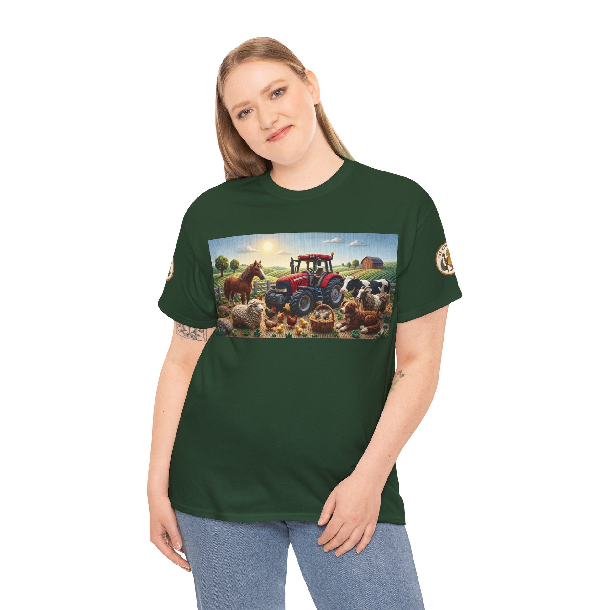 Forest green crewneck T-shirt with farm tractor and animals graphic, worn by model