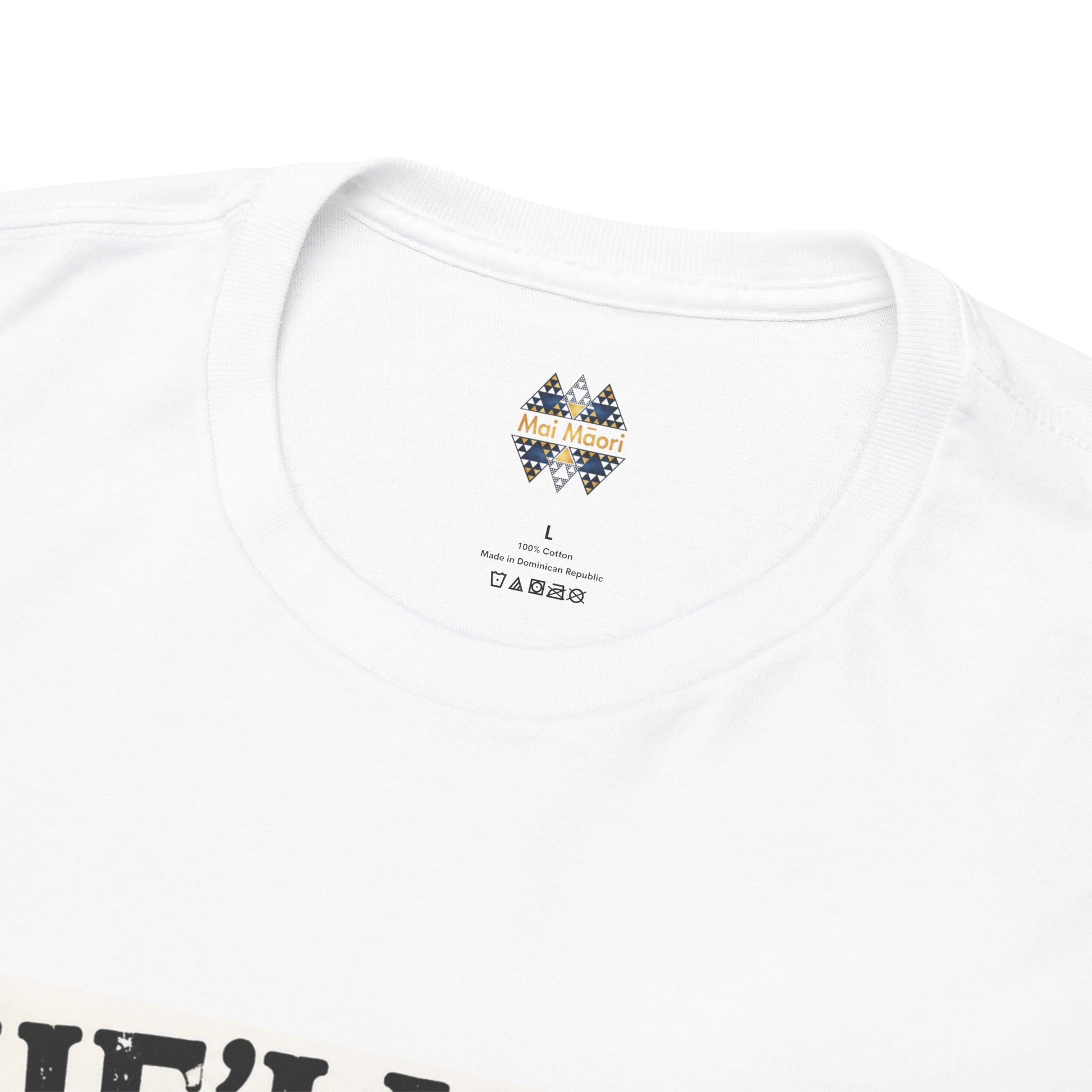 White T-shirt neckline with small colorful back neck logo detail.