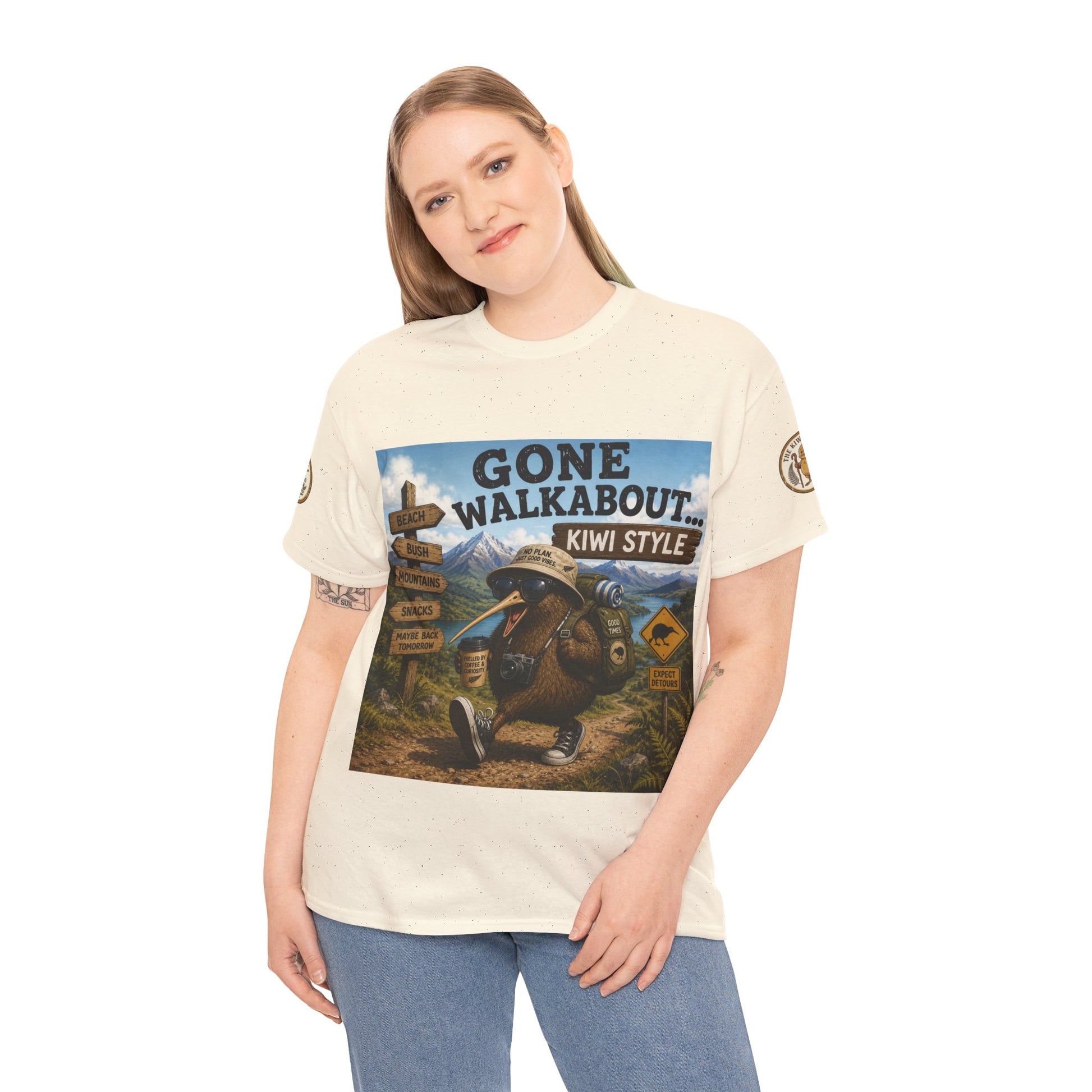 Off-white graphic T-shirt with front 'Gone Walkabout Kiwi Style' design