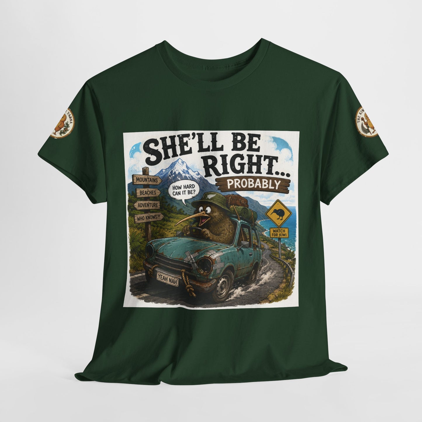 Green graphic T-shirt with front car-adventure poster print and sleeve patches