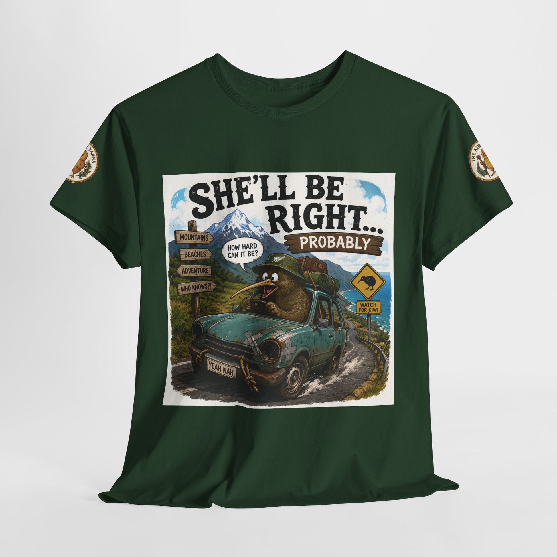 Green graphic T-shirt with front car-adventure poster print and sleeve patches