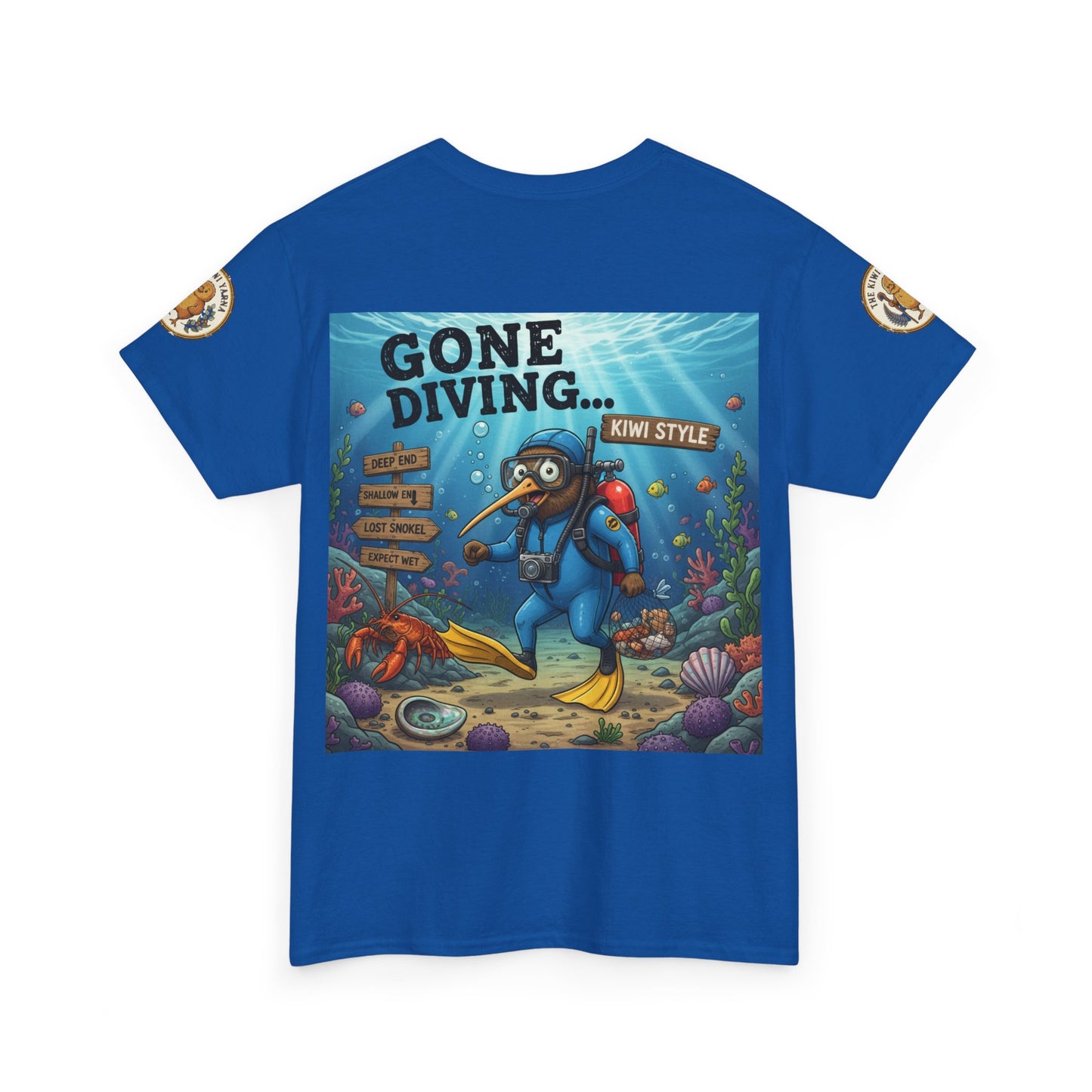 Blue crew-neck t-shirt with centered underwater cartoon graphic and sleeve patches