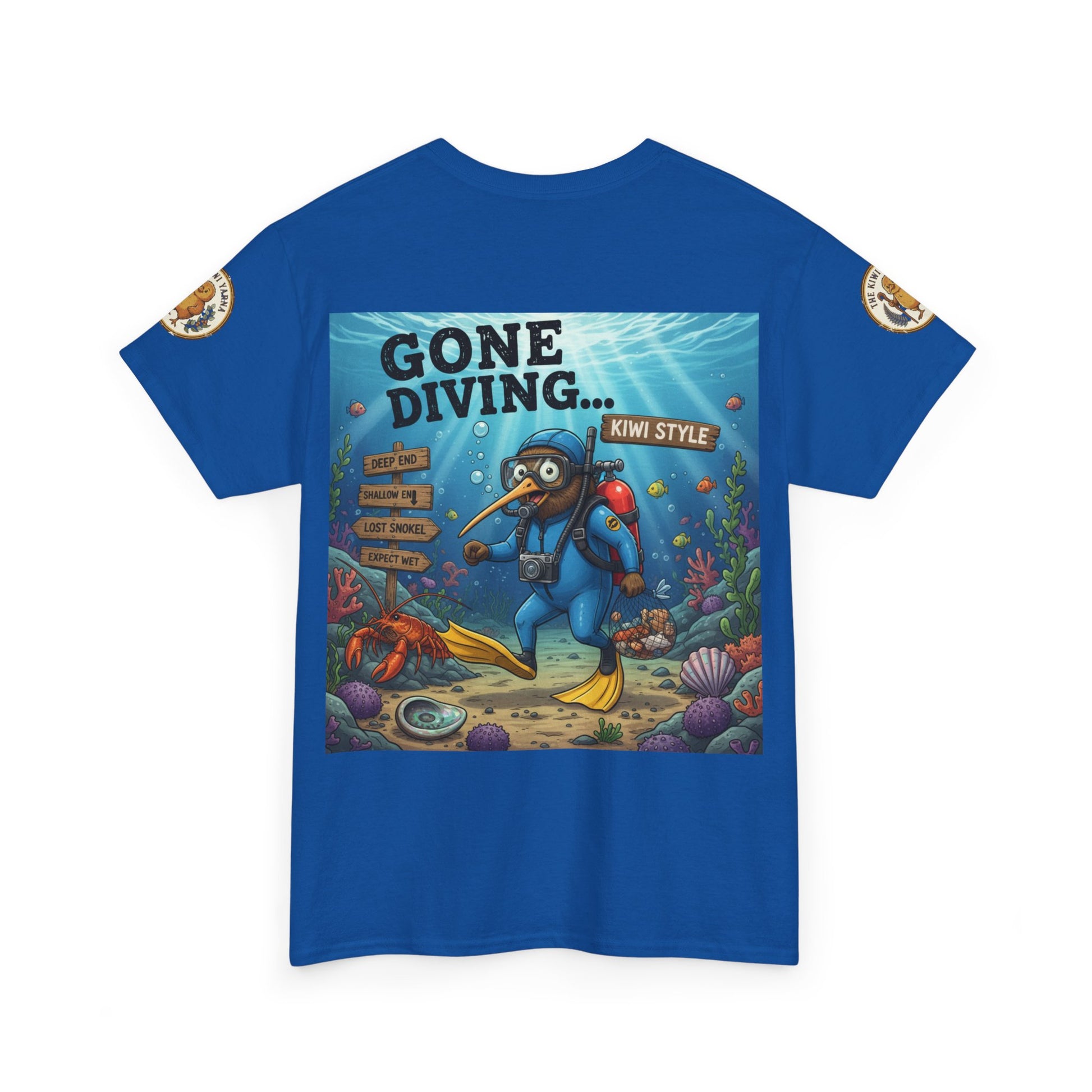 Blue crew-neck t-shirt with centered underwater cartoon graphic and sleeve patches