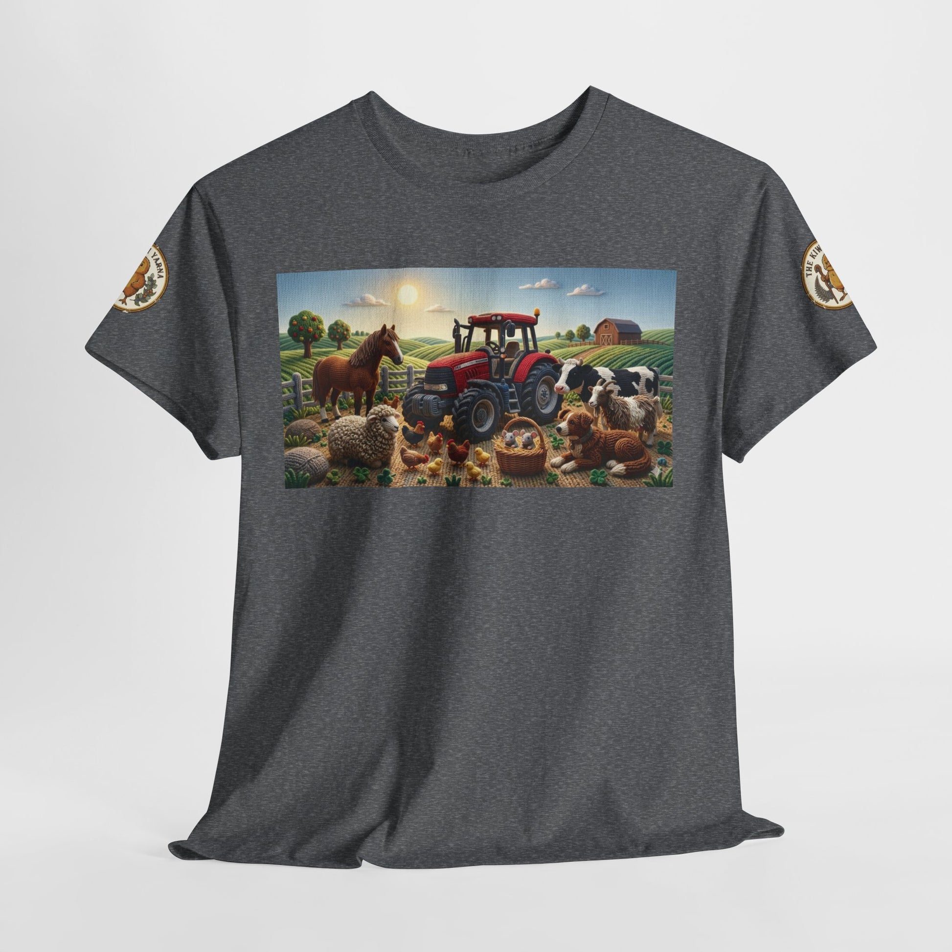 Dark heather gray crewneck T-shirt, front farm tractor scene print with sleeve patches