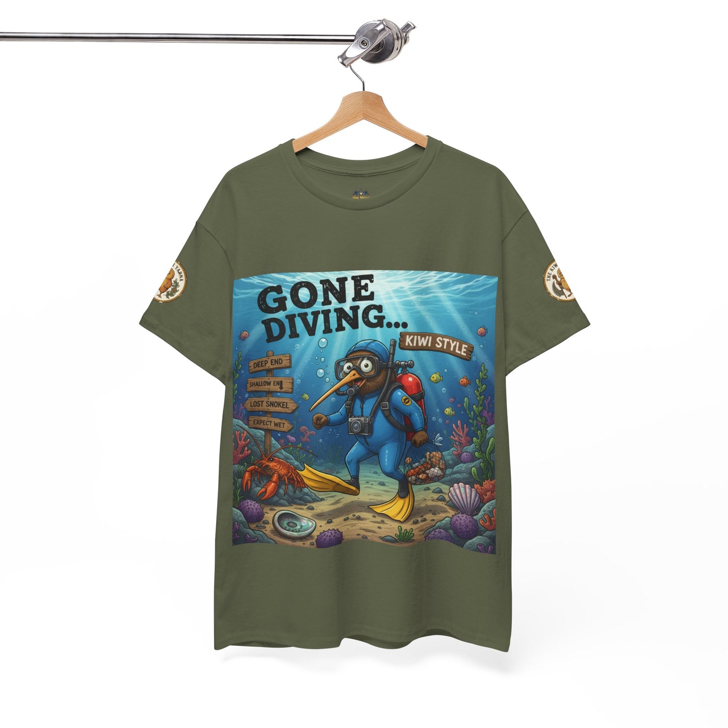 Olive green crew-neck t-shirt with 'GONE DIVING... KIWI STYLE' underwater artwork