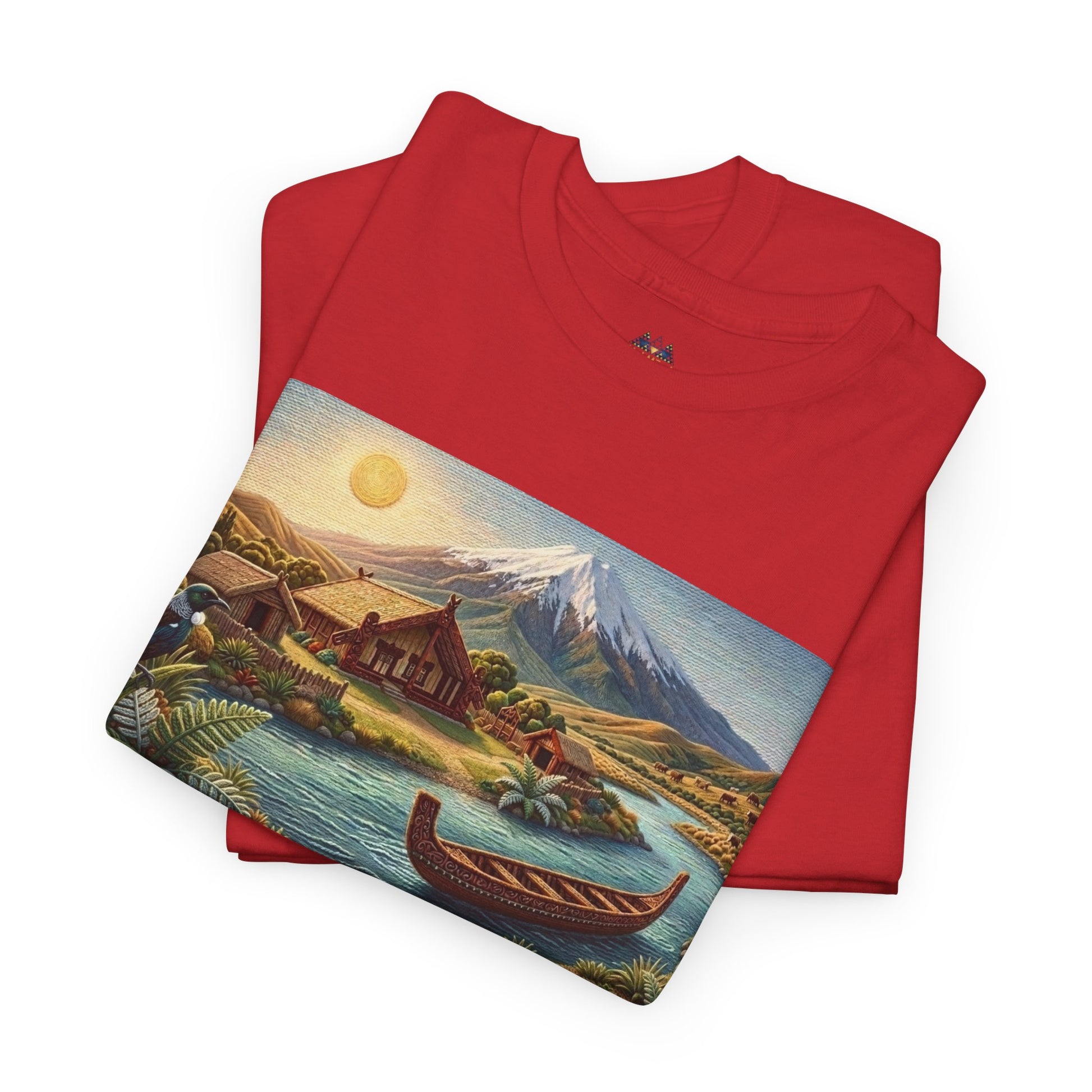 Red crew-neck T-shirt, folded, with colorful landscape canoe graphic panel
