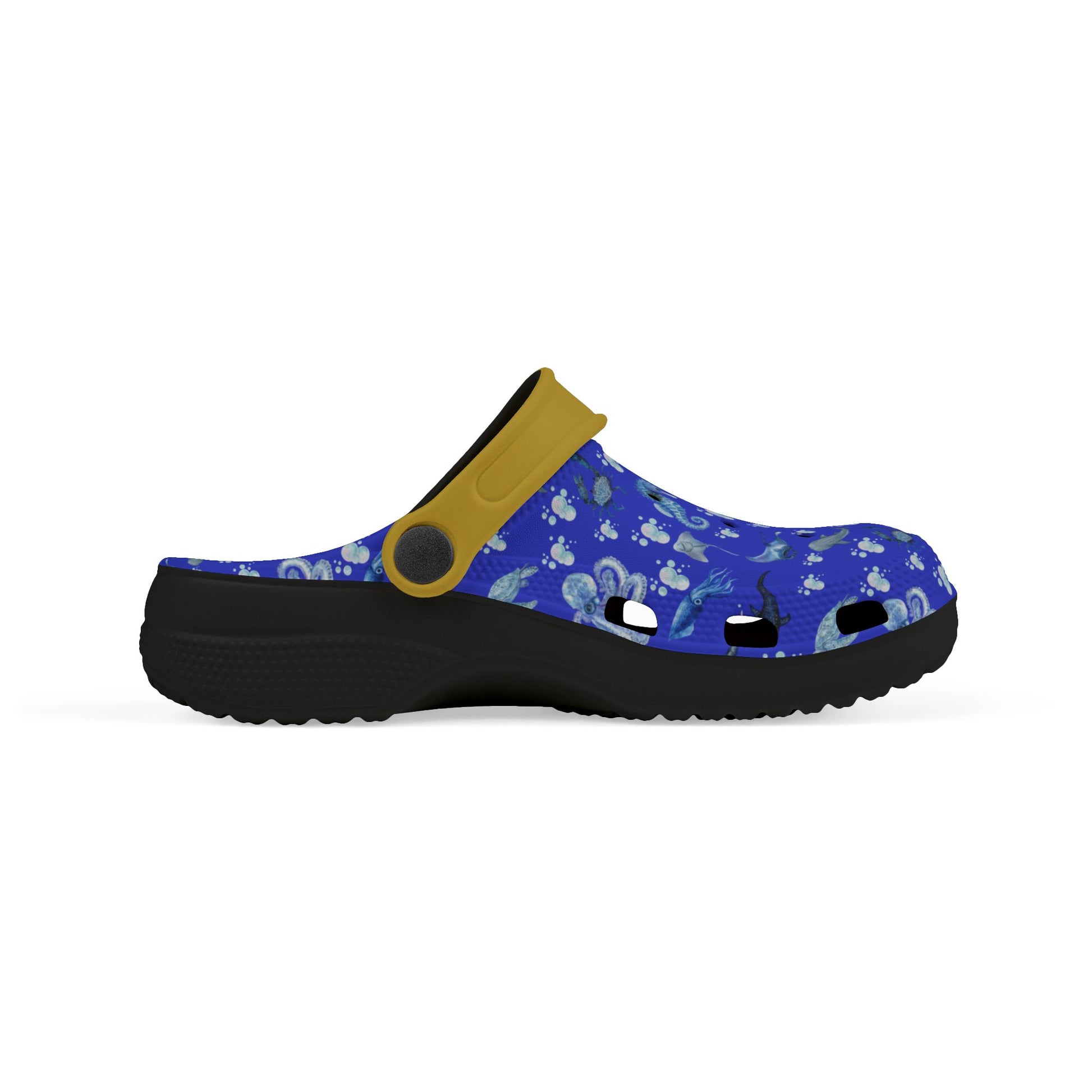 Kids' sea-themed slip-on clogs, blue printed upper with yellow strap and black sole