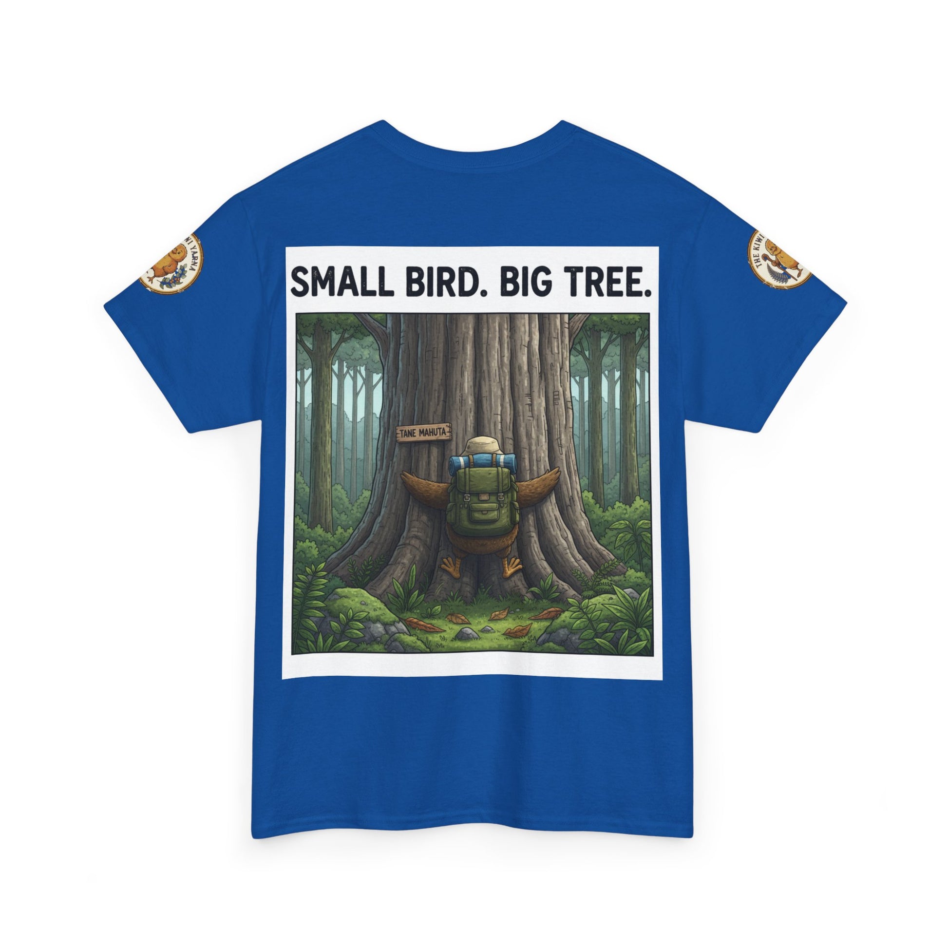 Blue crew-neck T-shirt with centered “Small Bird. Big Tree.” forest graphic and sleeve patch