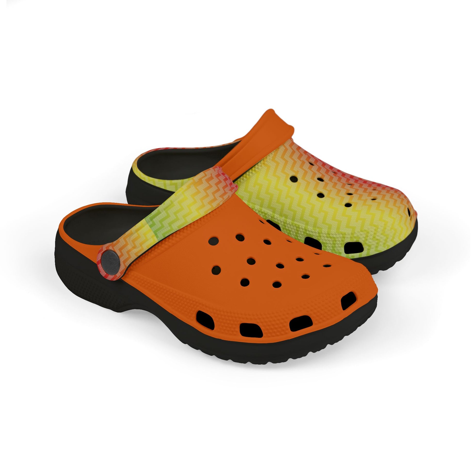 Marama clogs in orange and lime zigzag pattern with black sole, perforations, strap.
