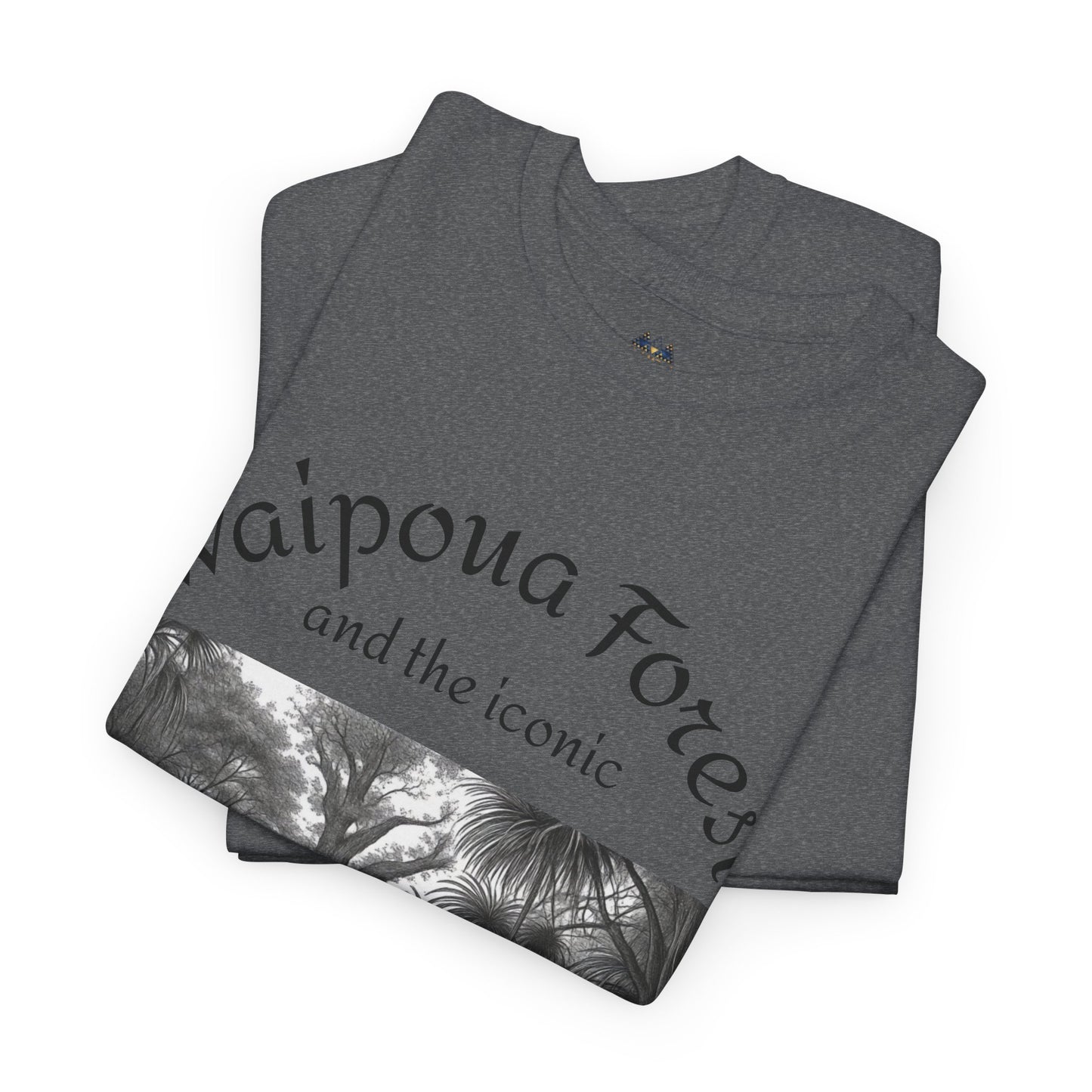 Heather gray graphic T-shirt folded view, forest scene print across chest