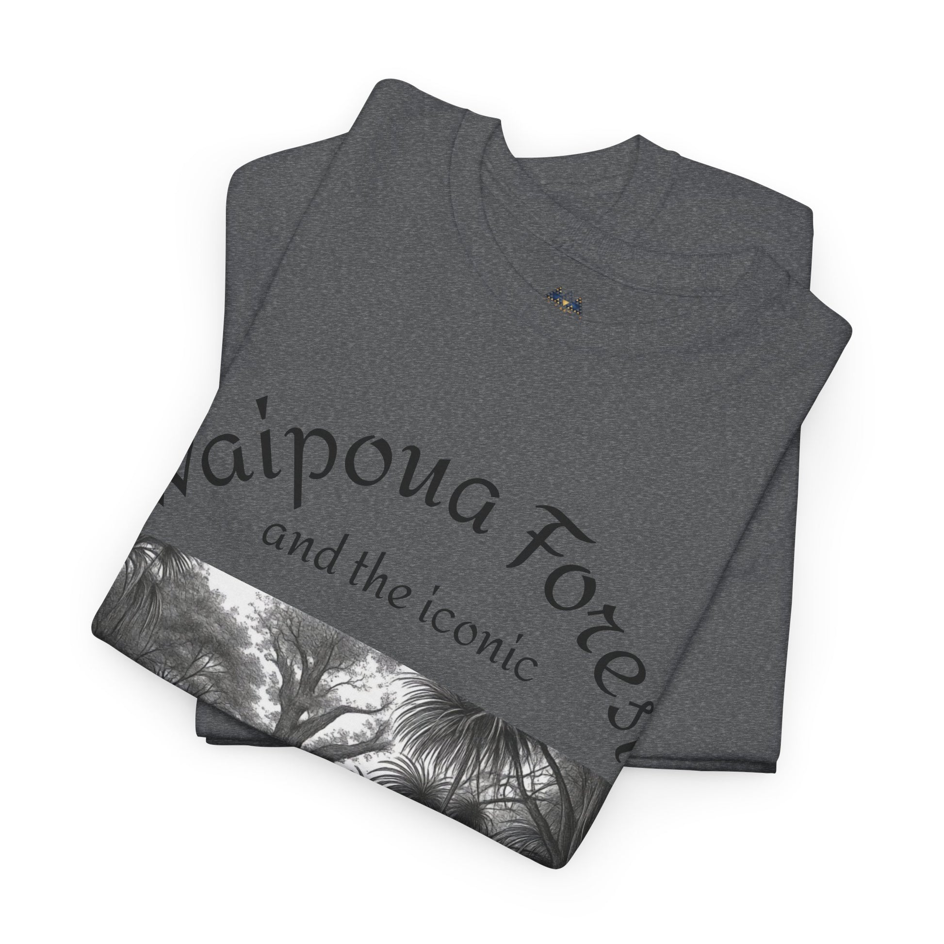 Heather gray graphic T-shirt folded view, forest scene print across chest