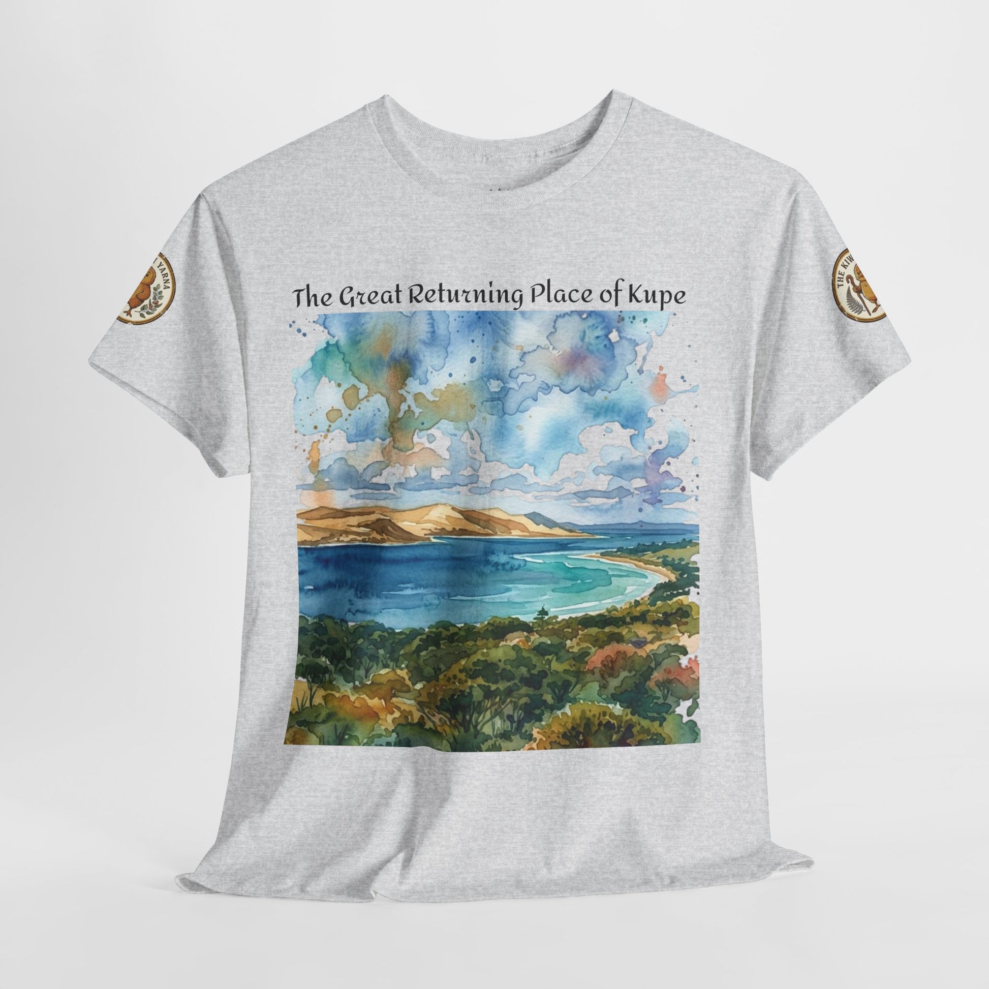 Heather gray graphic T-shirt laid flat with centered watercolor landscape artwork